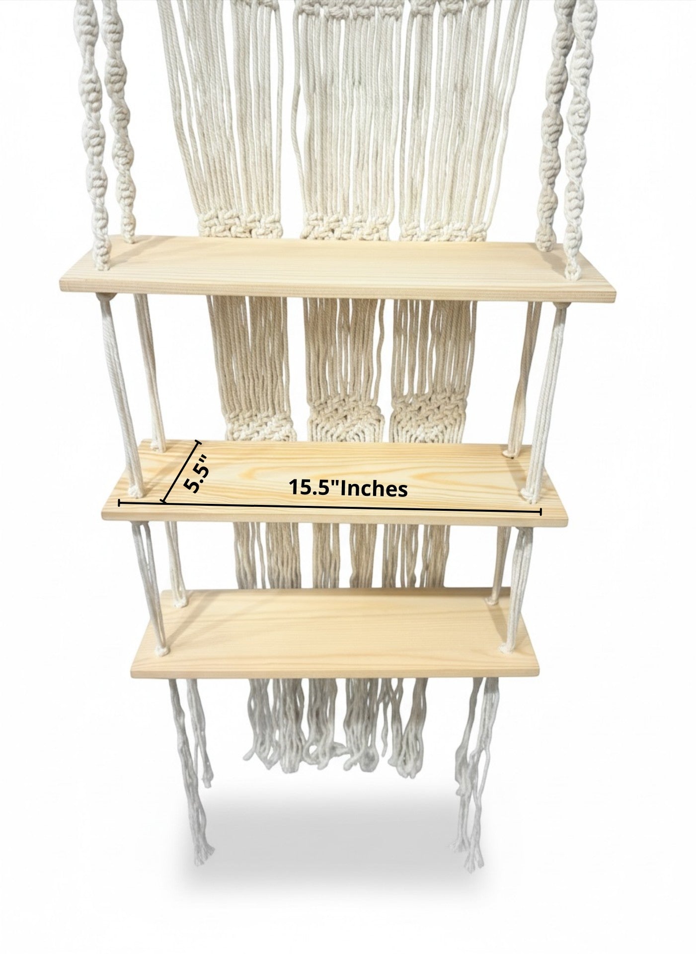 High Objects Harmony Hanging Shelf, cream macrame cotton rope, 3-tier natural wood shelves, boho style