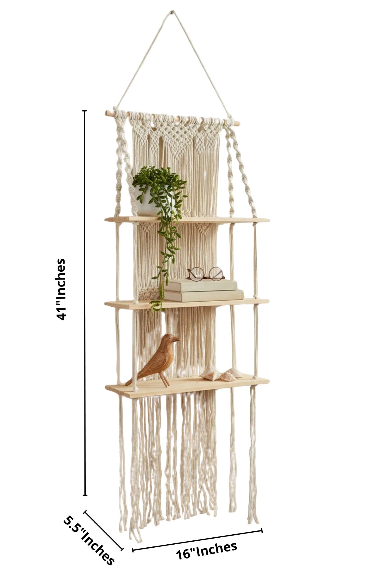 High Objects Harmony hanging shelf, handmade with cream cotton rope and natural wood shelves, featuring boho macrame detail.