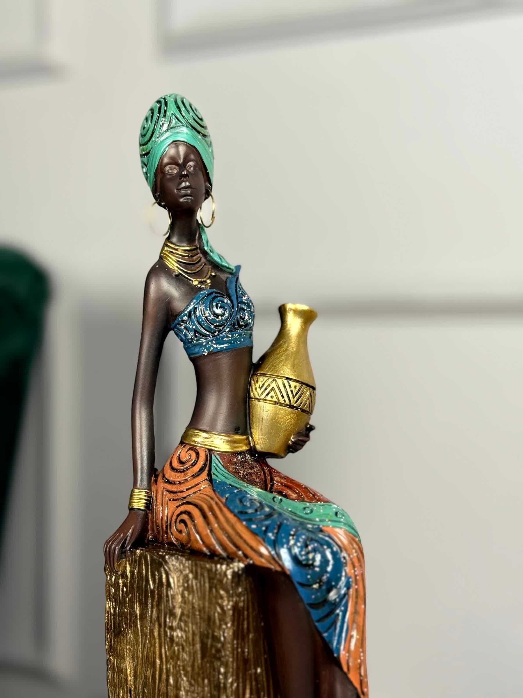 High Objects Heritage Grace tribal woman showpiece, polyresin, hand-painted attire, holding gold pot, 16-inch