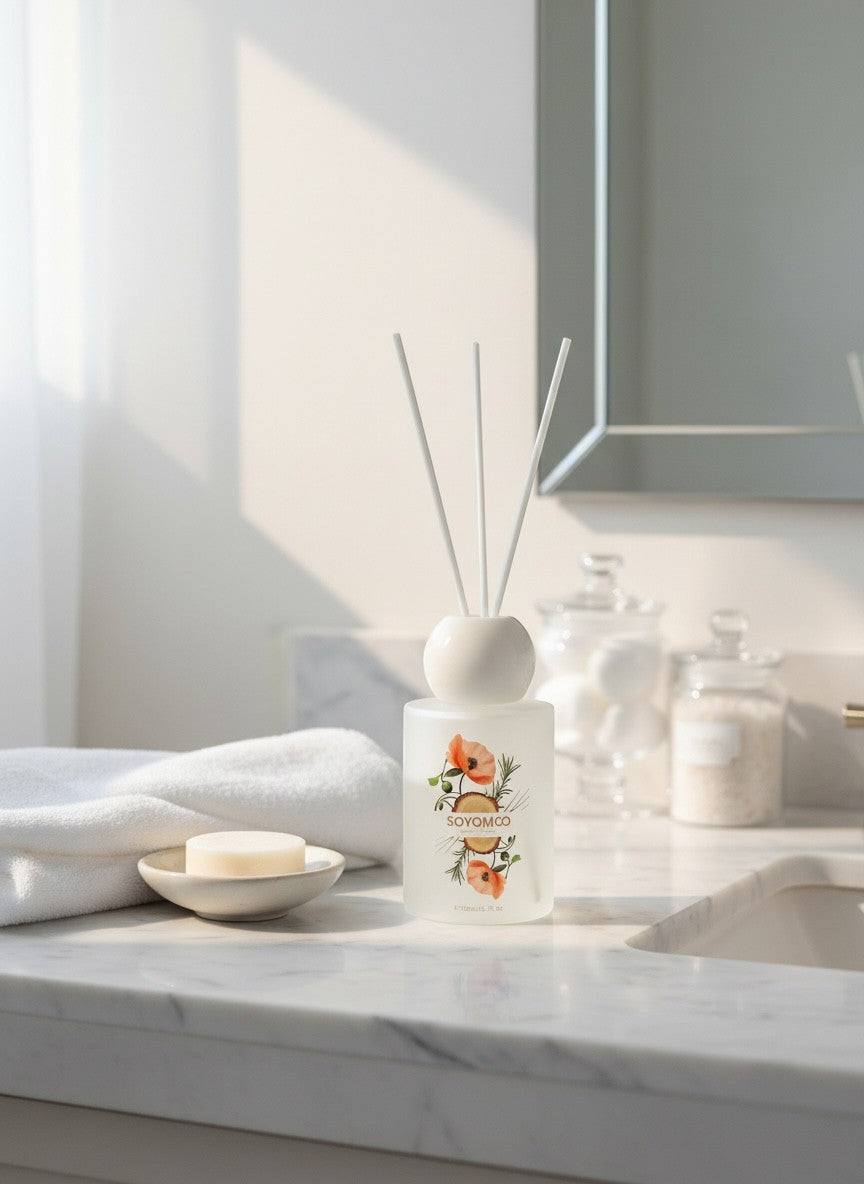 High Objects frosted glass reed diffuser with floral artwork and jasmine scent, 110 ML capacity.