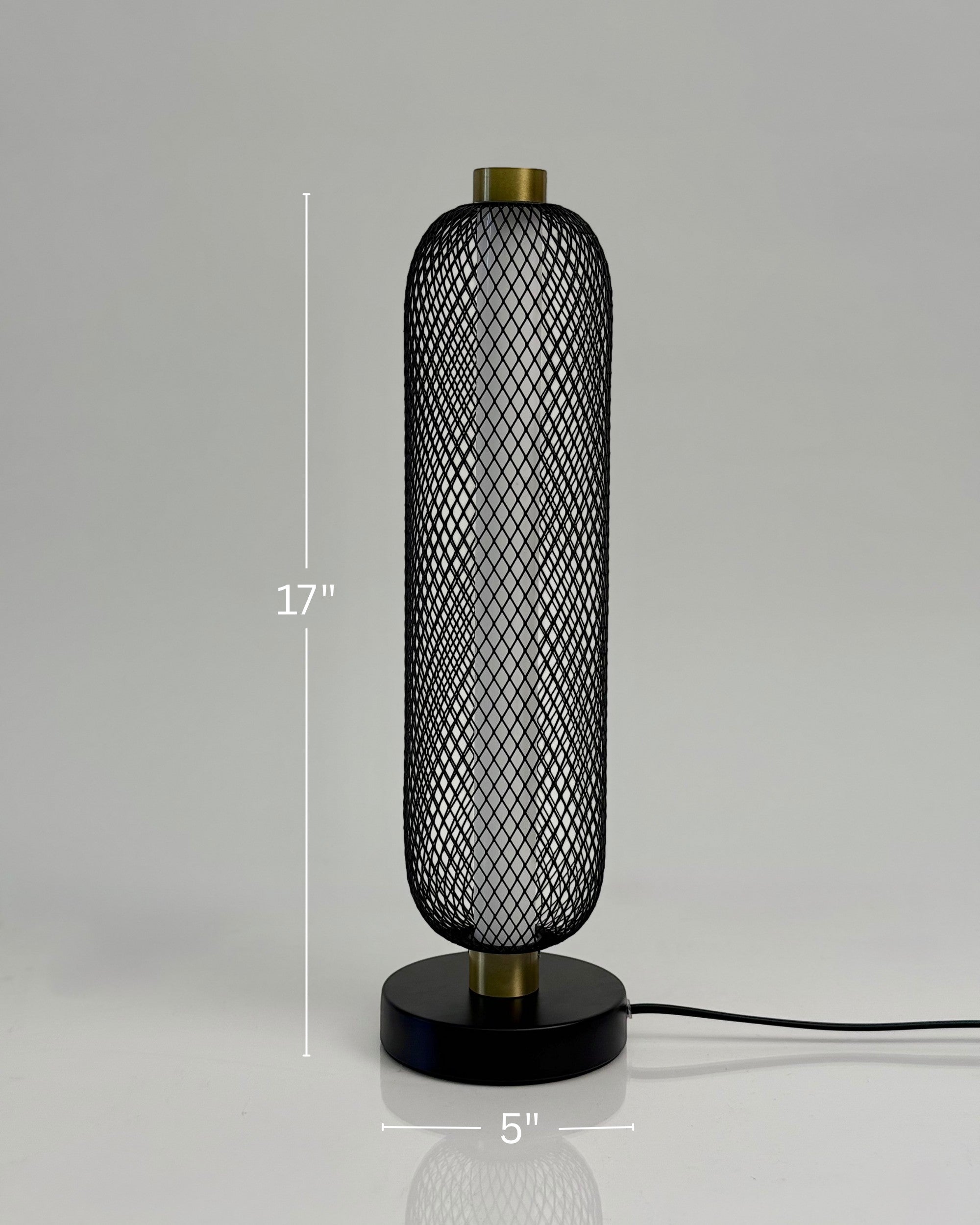High Objects Lumina Mesh Column Table Lamp, matte black base, gold accents, cylindrical black mesh shade, 17" tall