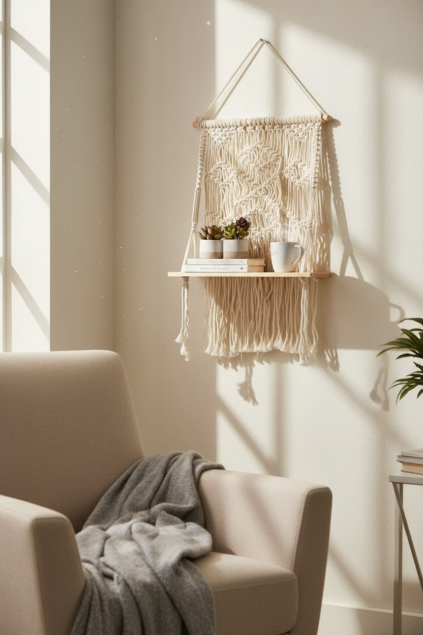High Objects cream macramé shelf with wood base, featuring diamond and chevron weaves, holding books and plants.