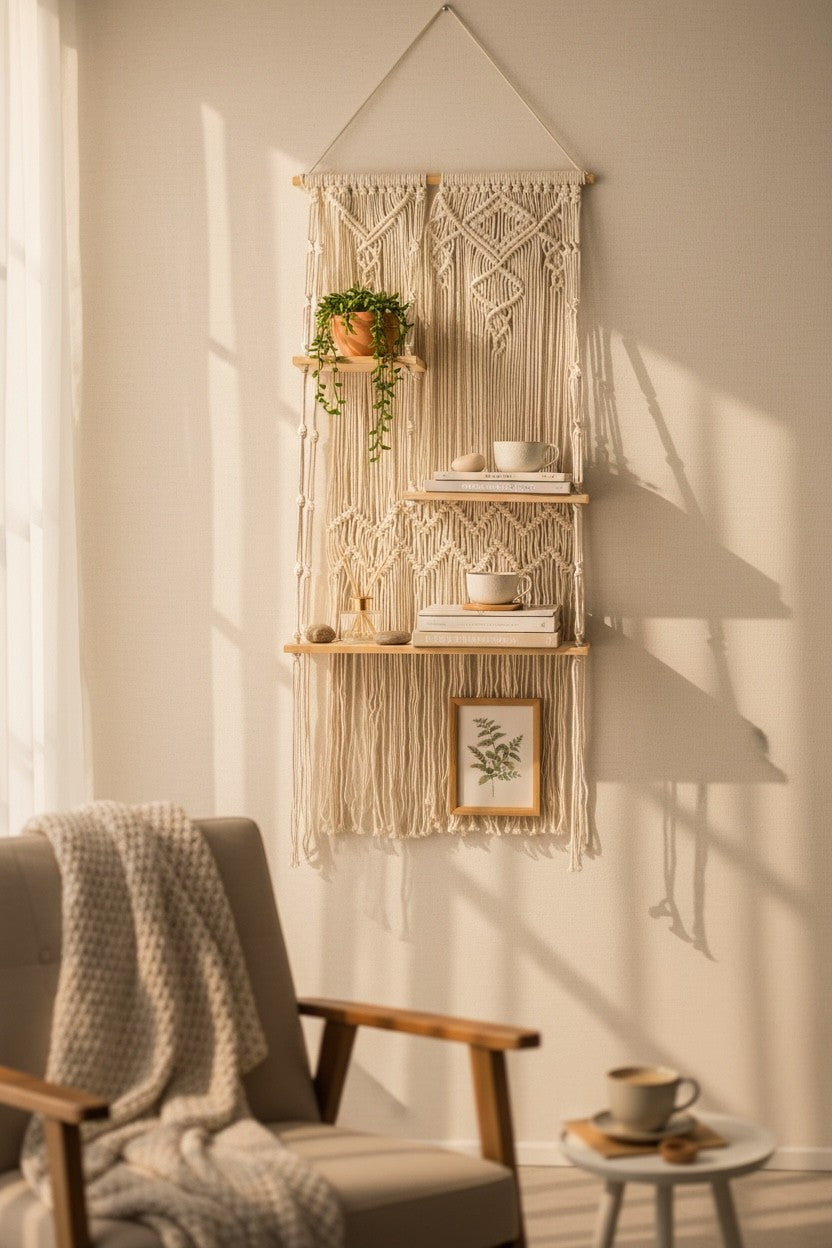 High Objects BohoNest macrame wall shelf with natural wooden shelves, cream cotton ropes, and bohemian design. Holds plants, books, and decor.