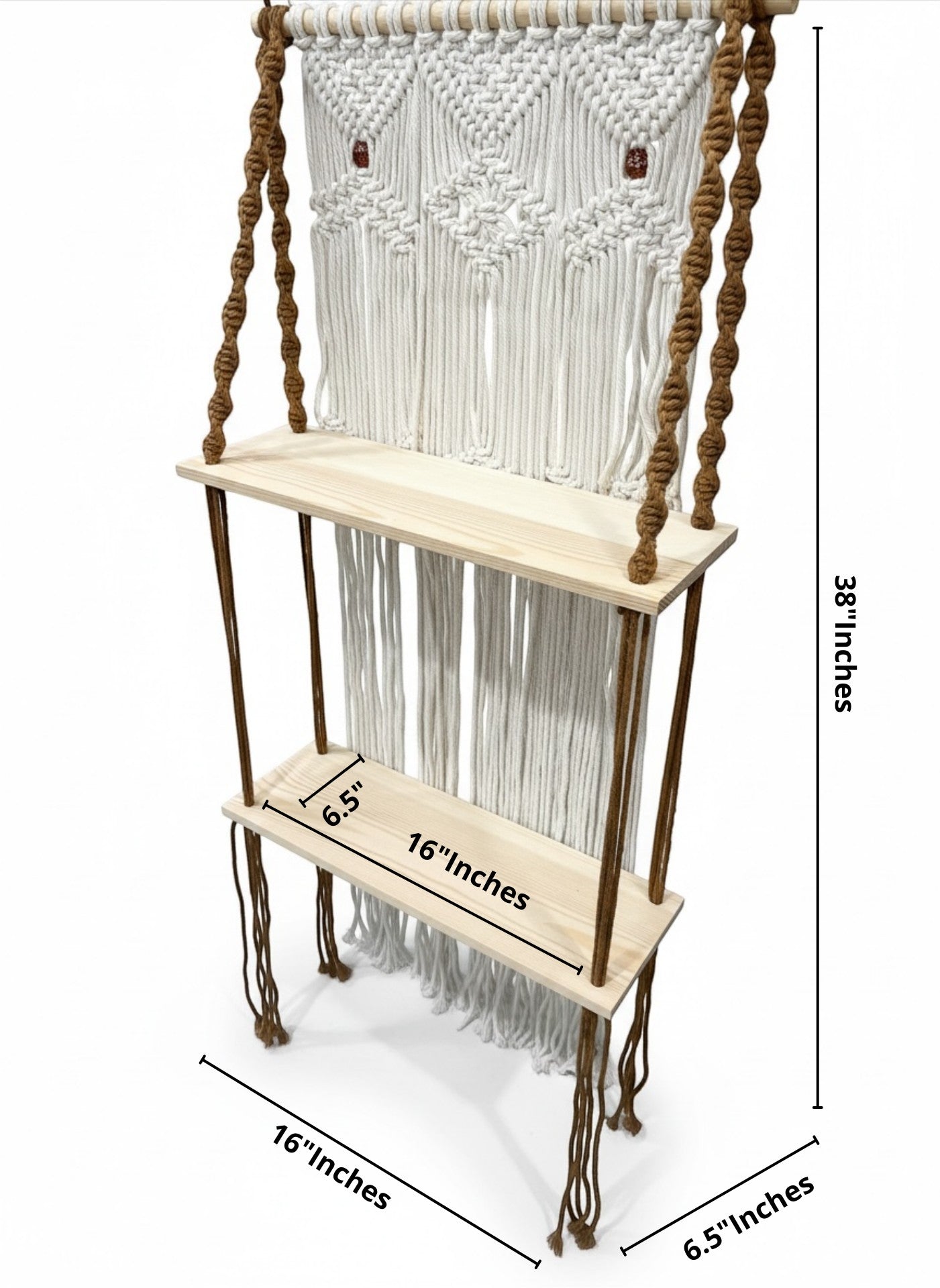 High Objects Ethereal Collection macrame wall shelf with two natural wood shelves and cream cotton rope detailing. Measures 38" H x 16" W.