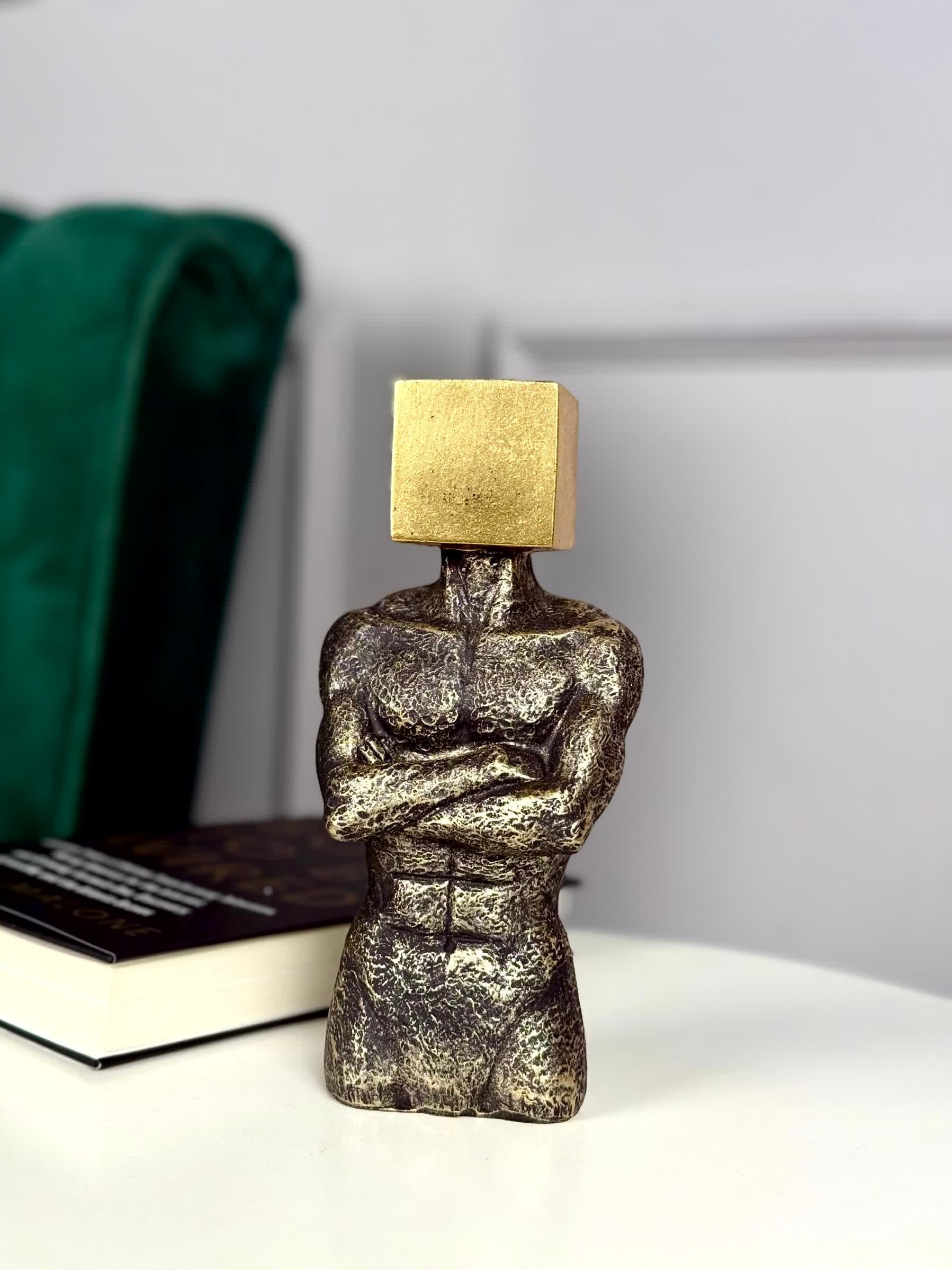 High Objects Mind in Form Showpiece sculpture, textured bronze torso with crossed arms and gold cube head.
