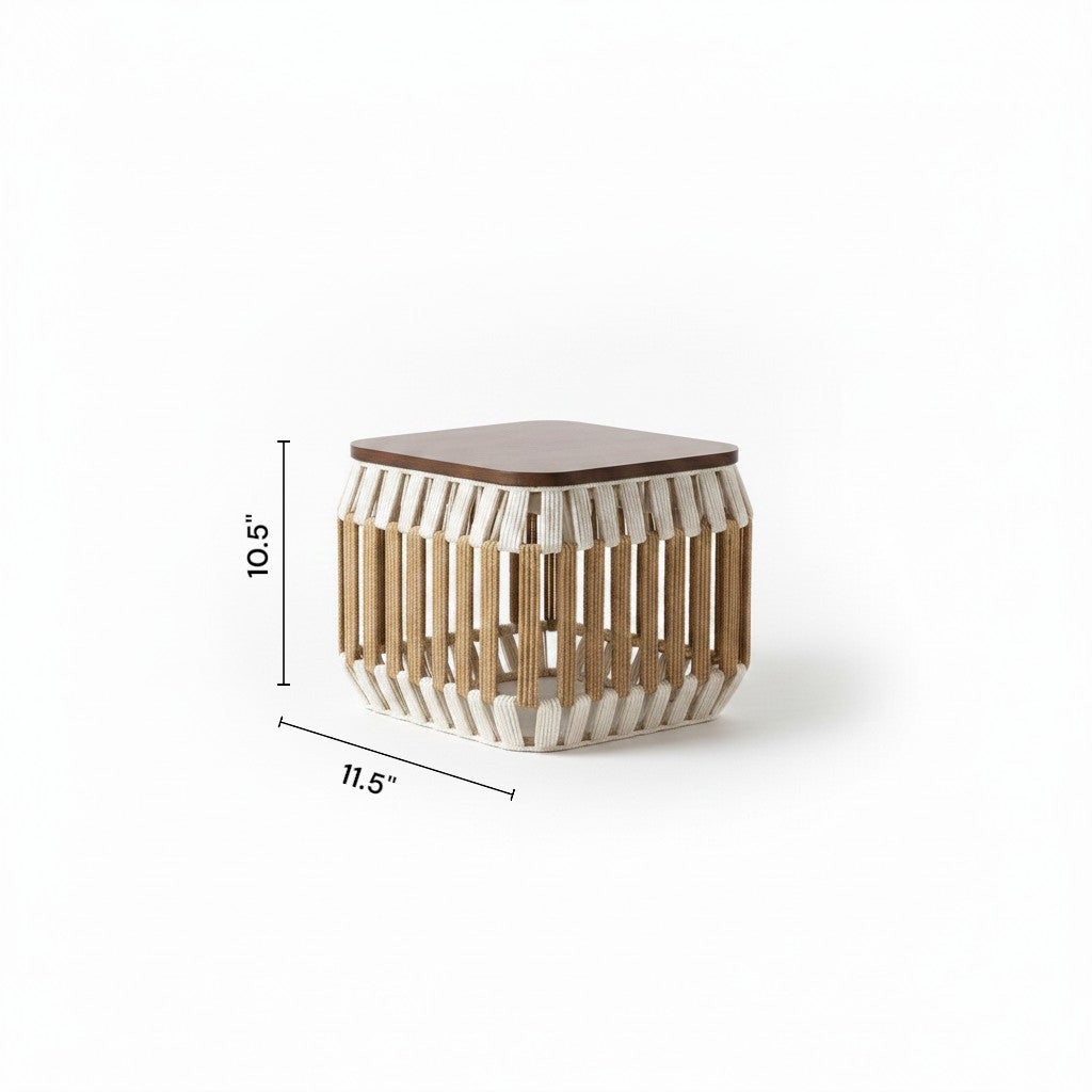 High Objects modern coffee table with woven base and wooden top, includes 4 stools. Neutral throw blanket draped on top.
