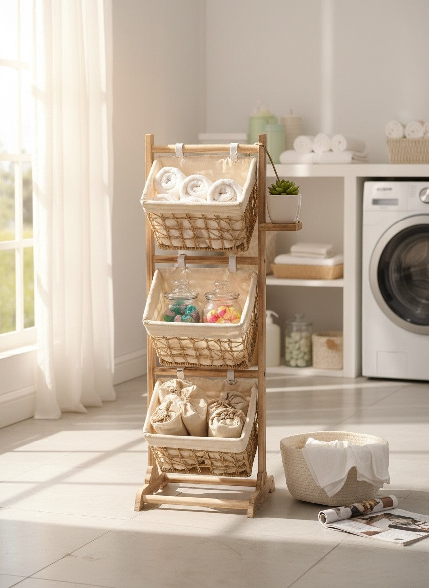 High Objects natural wooden 3-tier storage organizer with woven baskets holding towels, jars of candy, and fabric bags.