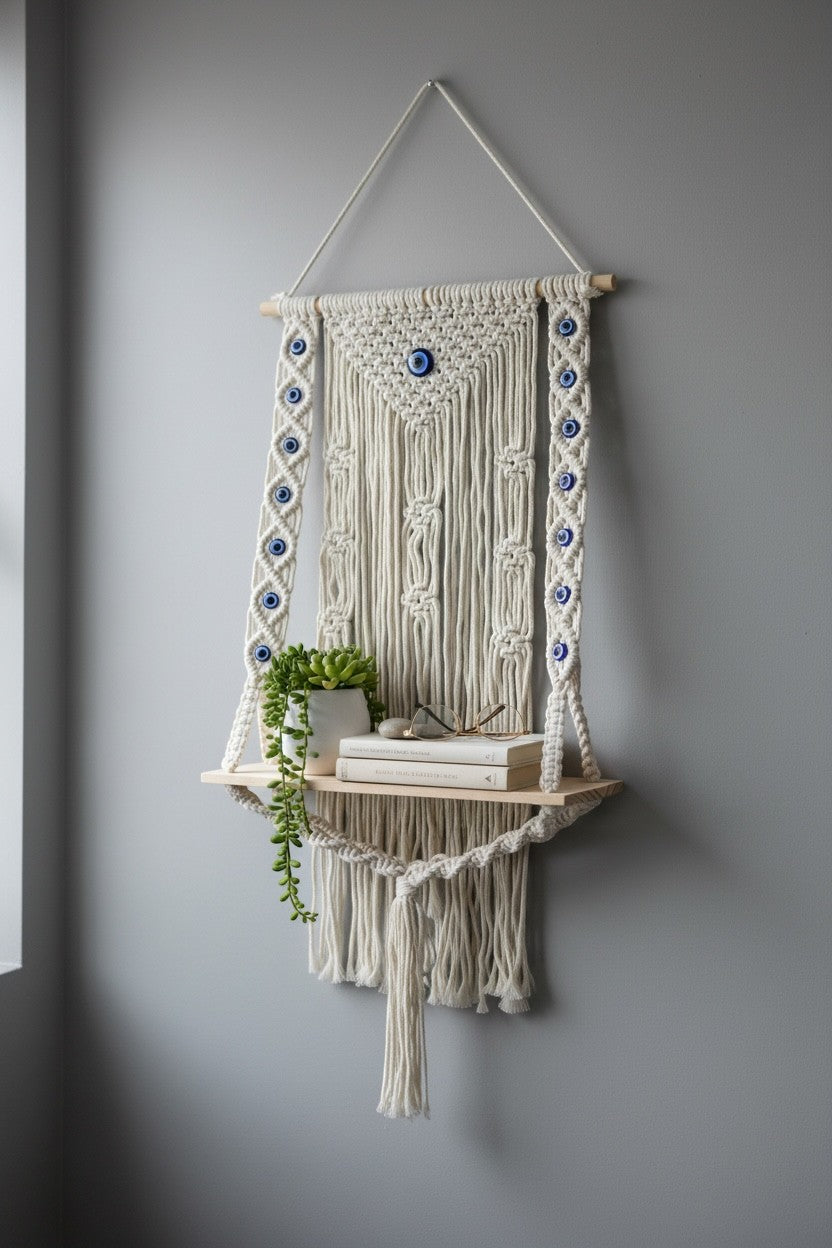 High Objects NazarGuard Boho Macrame Shelf with blue evil eye details, cotton ropes, and wooden shelf holding books and a plant.