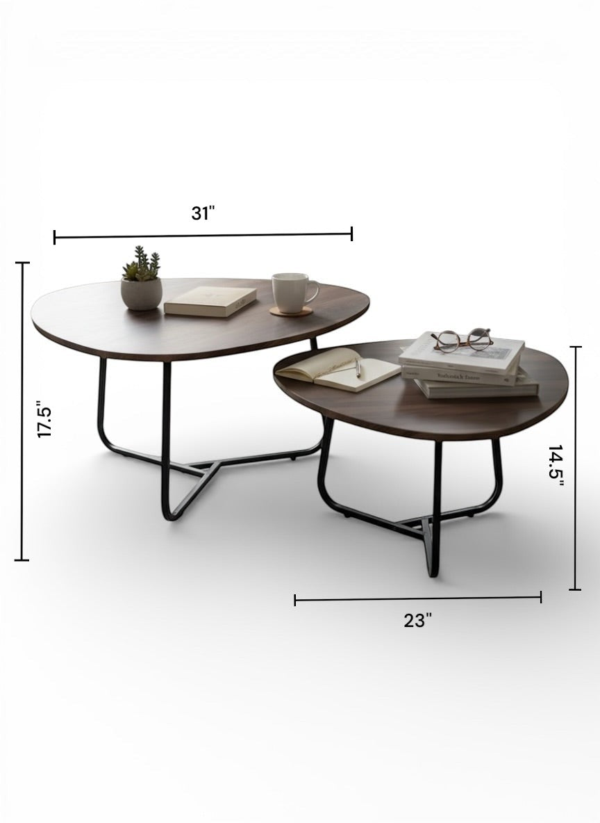 High Objects modern round nesting tables with dark wood tops and black metal bases. Set of 2.