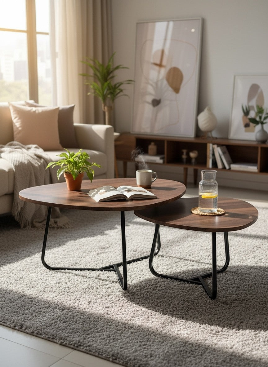 High Objects modern round nesting tables with dark wood tops and black metal bases. Set of 2.