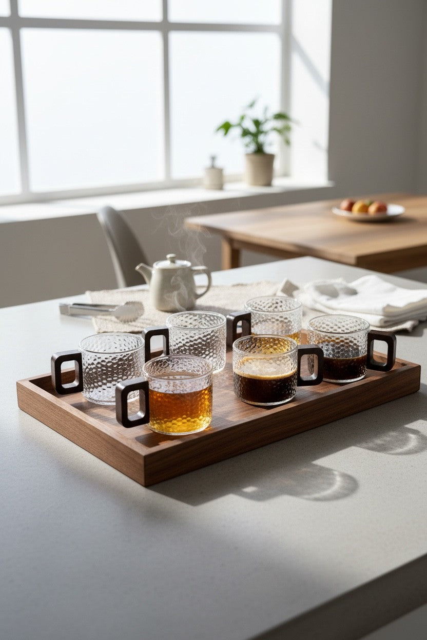 High Objects NEXIS glass cups with textured finish and square handles, set of 6, on a wooden tray.