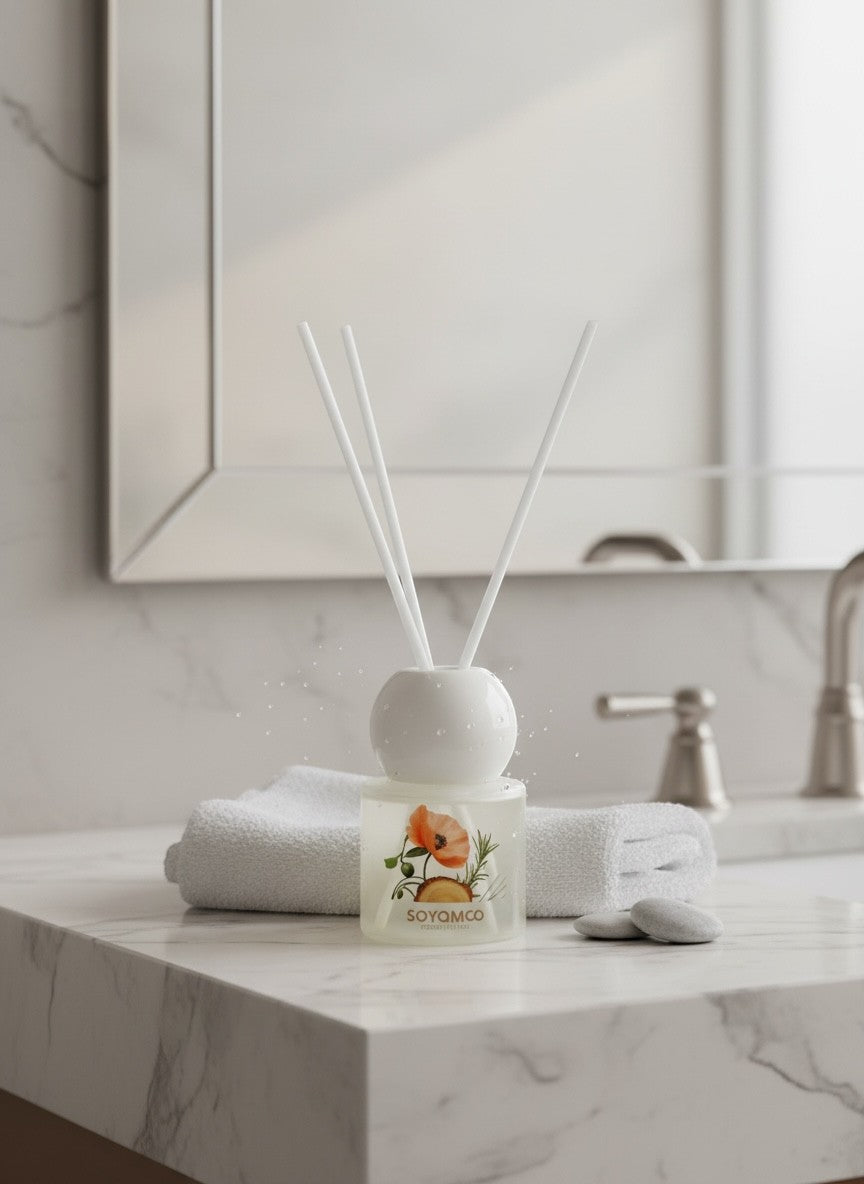 High Objects elegant frosted glass reed diffuser with floral artwork and ocean scent, 50ML.