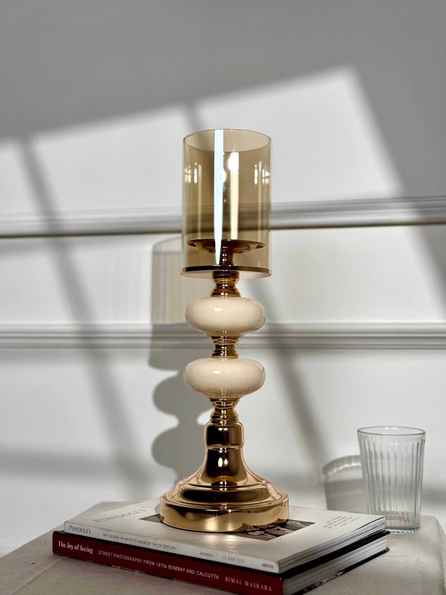 High Objects Opaline Gold Candle Stand Collection with amber glass shade and opaline accents. Decorative accent.