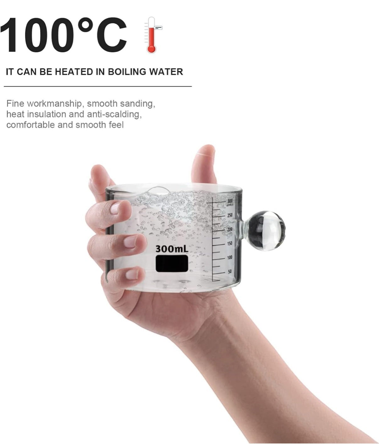 High Objects clear borosilicate glass cup with orb handle and 300ml measurement markings