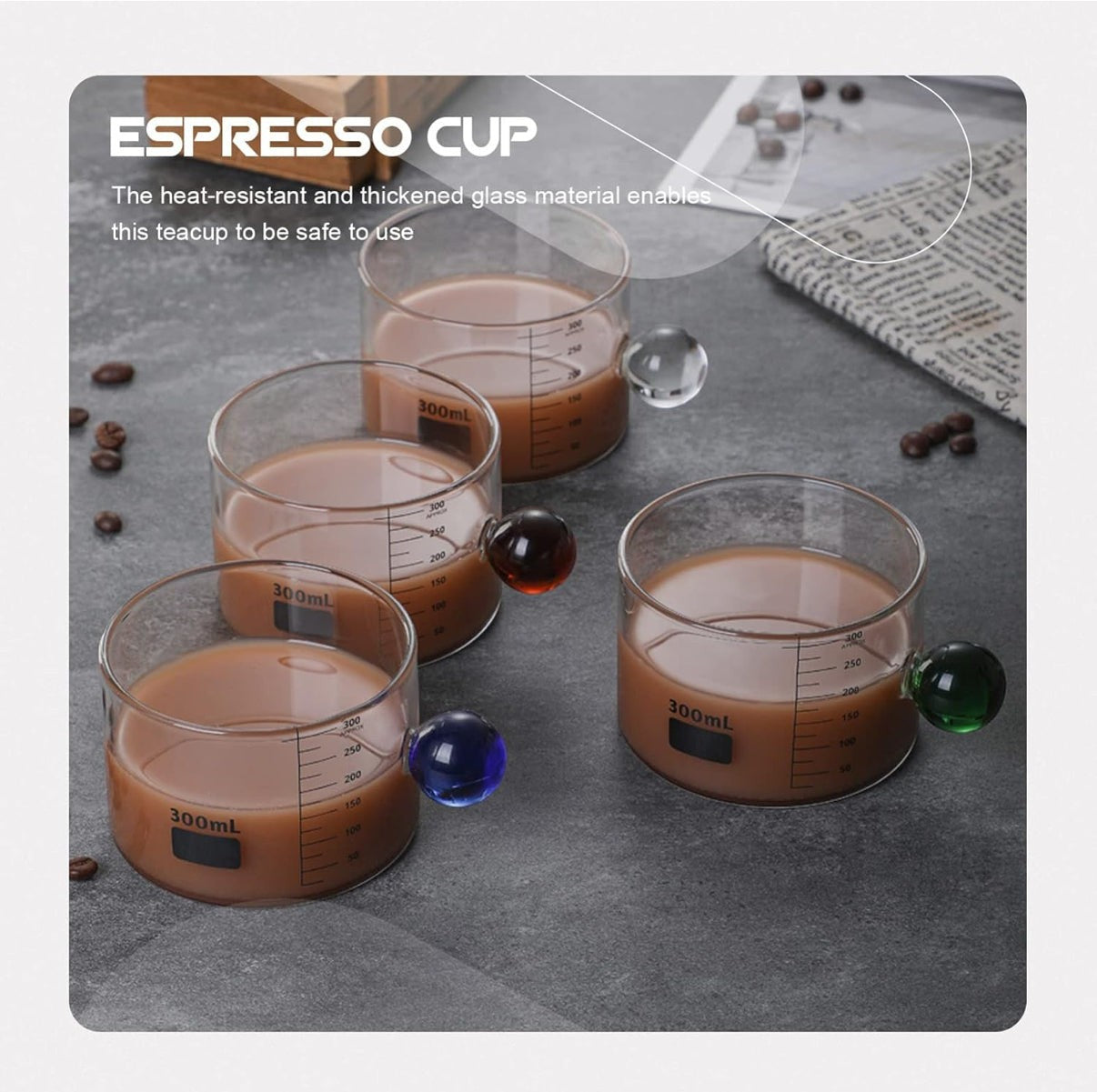 High Objects Orb Glass Cup Set with unique orb handles in green, red, blue, and clear. 300ml borosilicate glass cups with measurement markings.