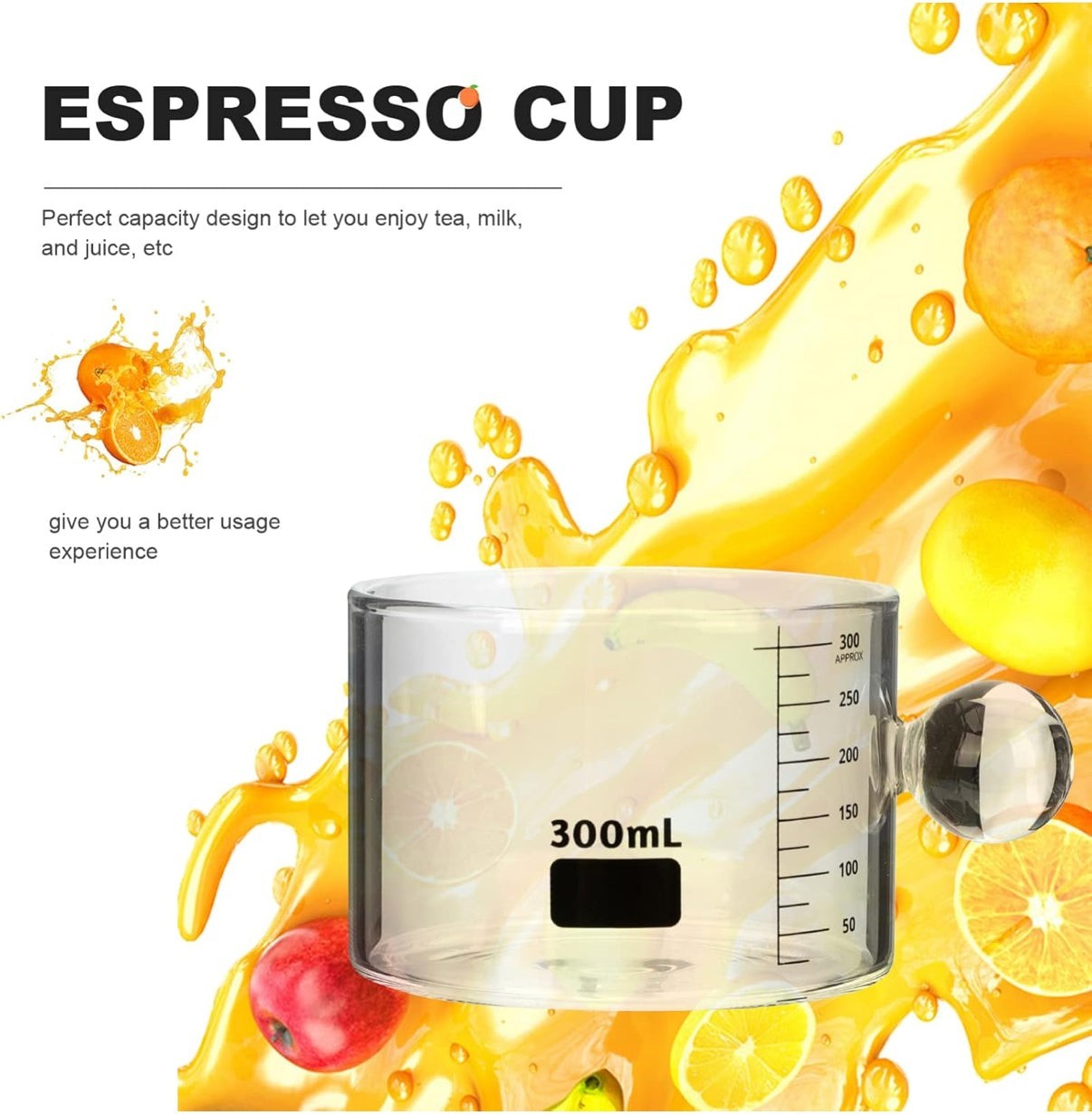 High Objects Orb Glass Cup Set, clear borosilicate glass with orb handle, 300ml capacity with measurement markings.
