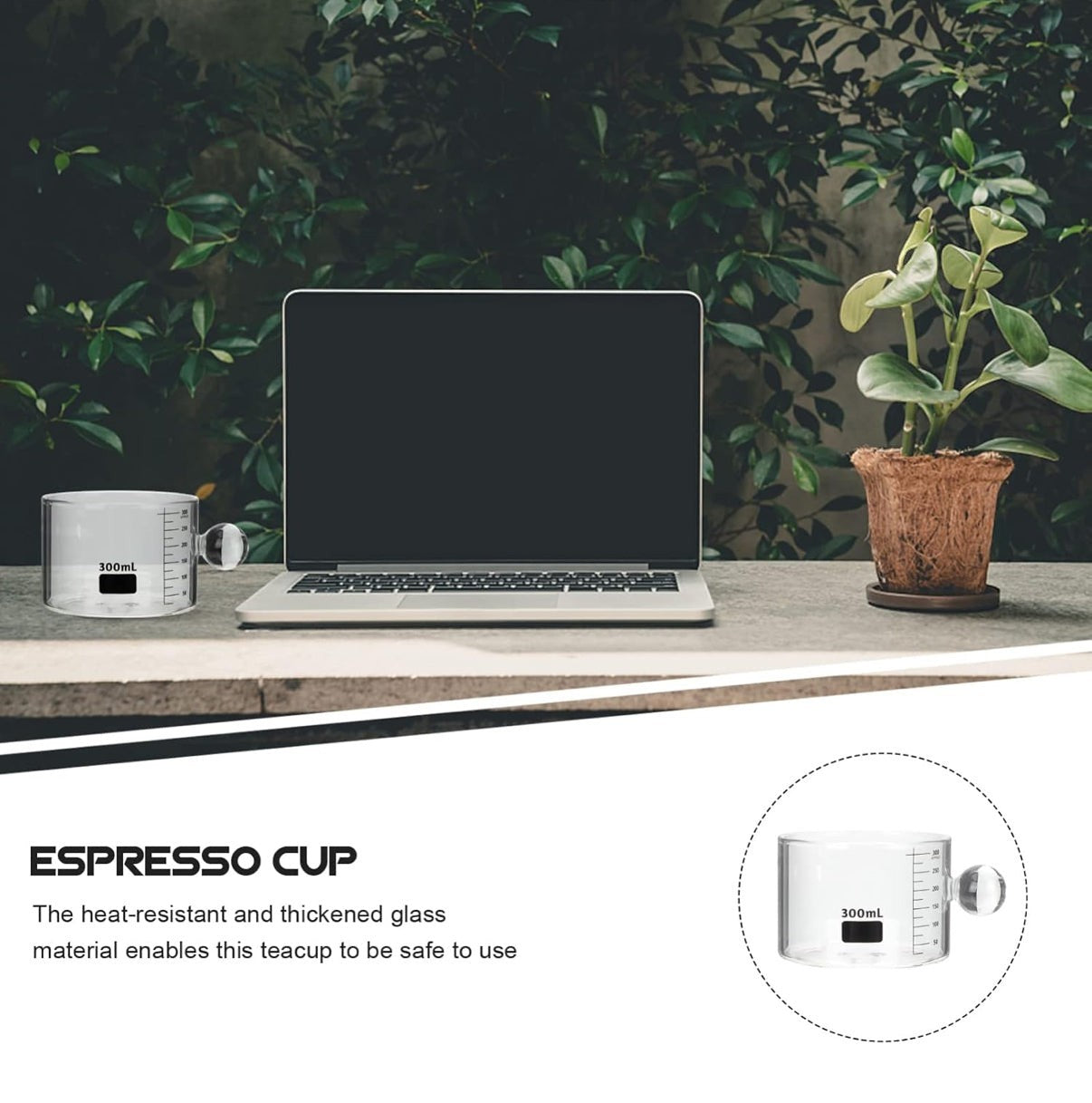 High Objects Orb Glass Cup Set, clear borosilicate glass espresso cup with orb handle and 300ml markings.