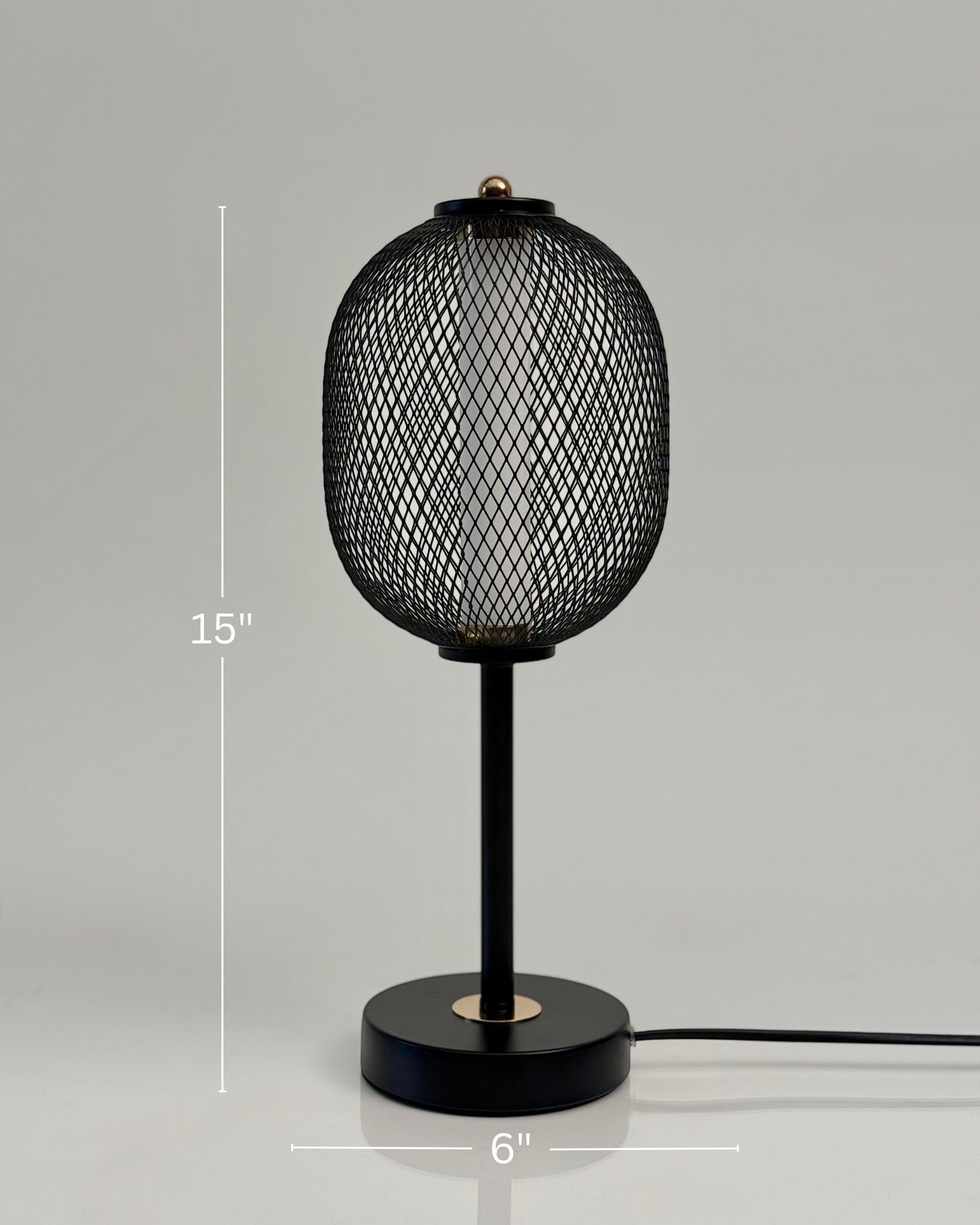 High Objects Orion black mesh pedestal table lamp with gold accent, 15" tall, 6" base.