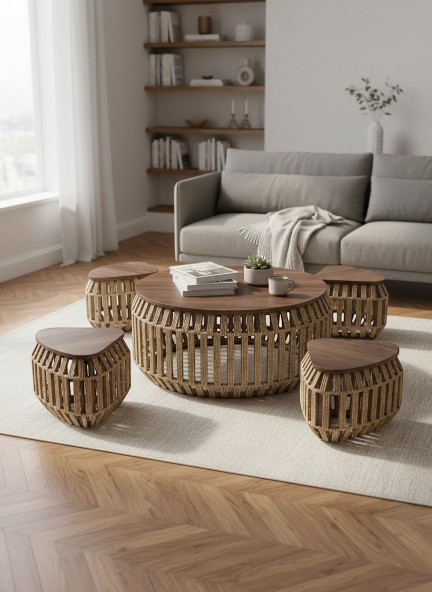 High Objects Rattan Circle Coffee Table Set with 4 stools, natural woven design, wooden tops, modern living room decor.