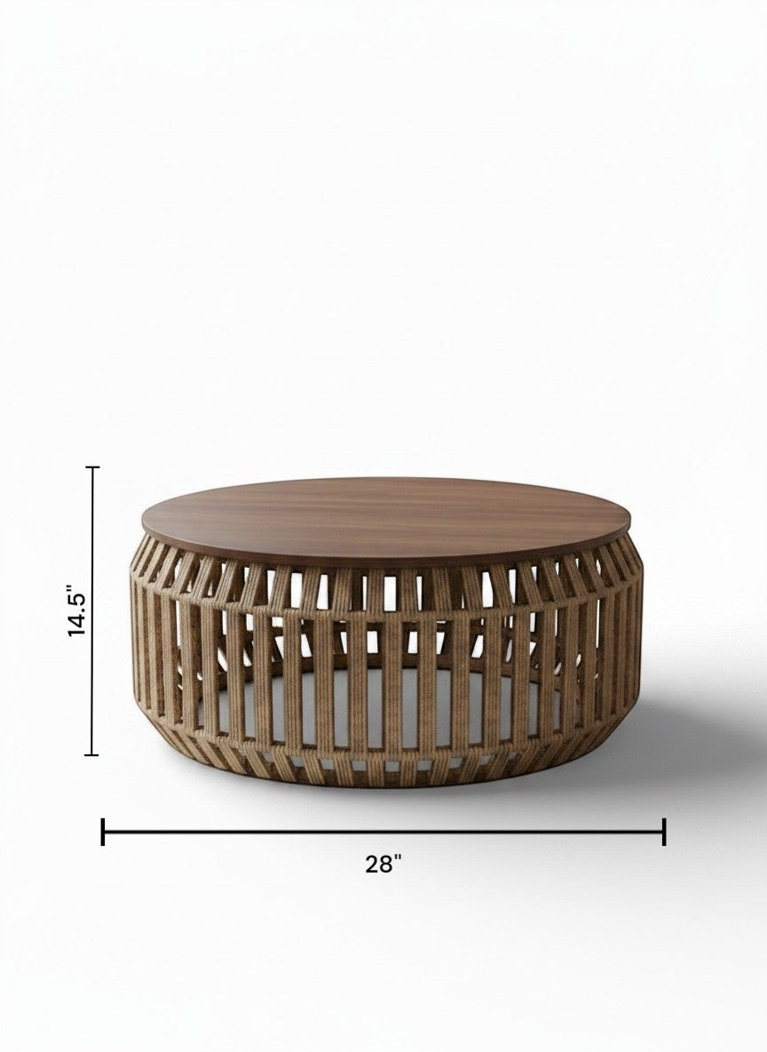 High Objects Rattan Circle Coffee Table Set with 4 stools, natural woven design, wooden tops. Modern living room furniture.