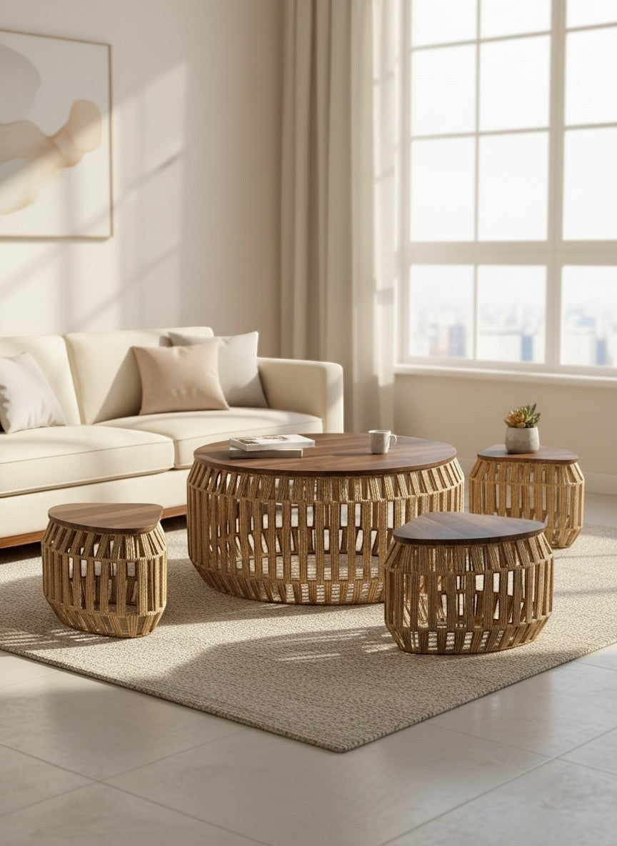 High Objects Rattan Circle Coffee Table Set with wooden top and 4 stools, natural woven design.