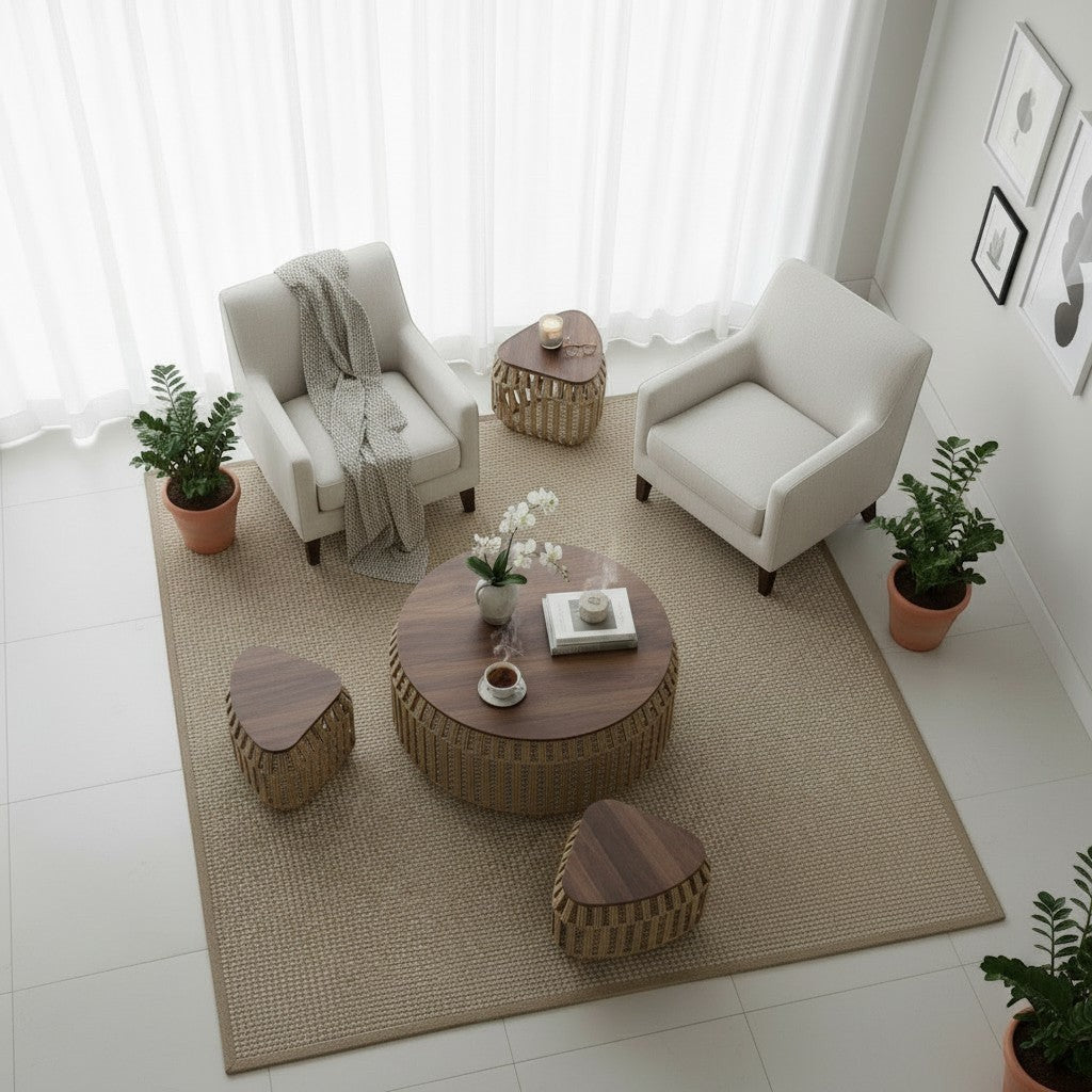High Objects Rattan Circle Coffee Table Set with wooden top and four stools, natural woven design, modern living room decor.