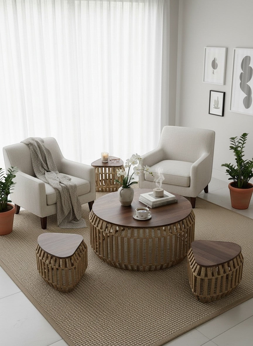 High Objects Rattan Circle Coffee Table Set with wooden top and four stools with woven rattan bases.