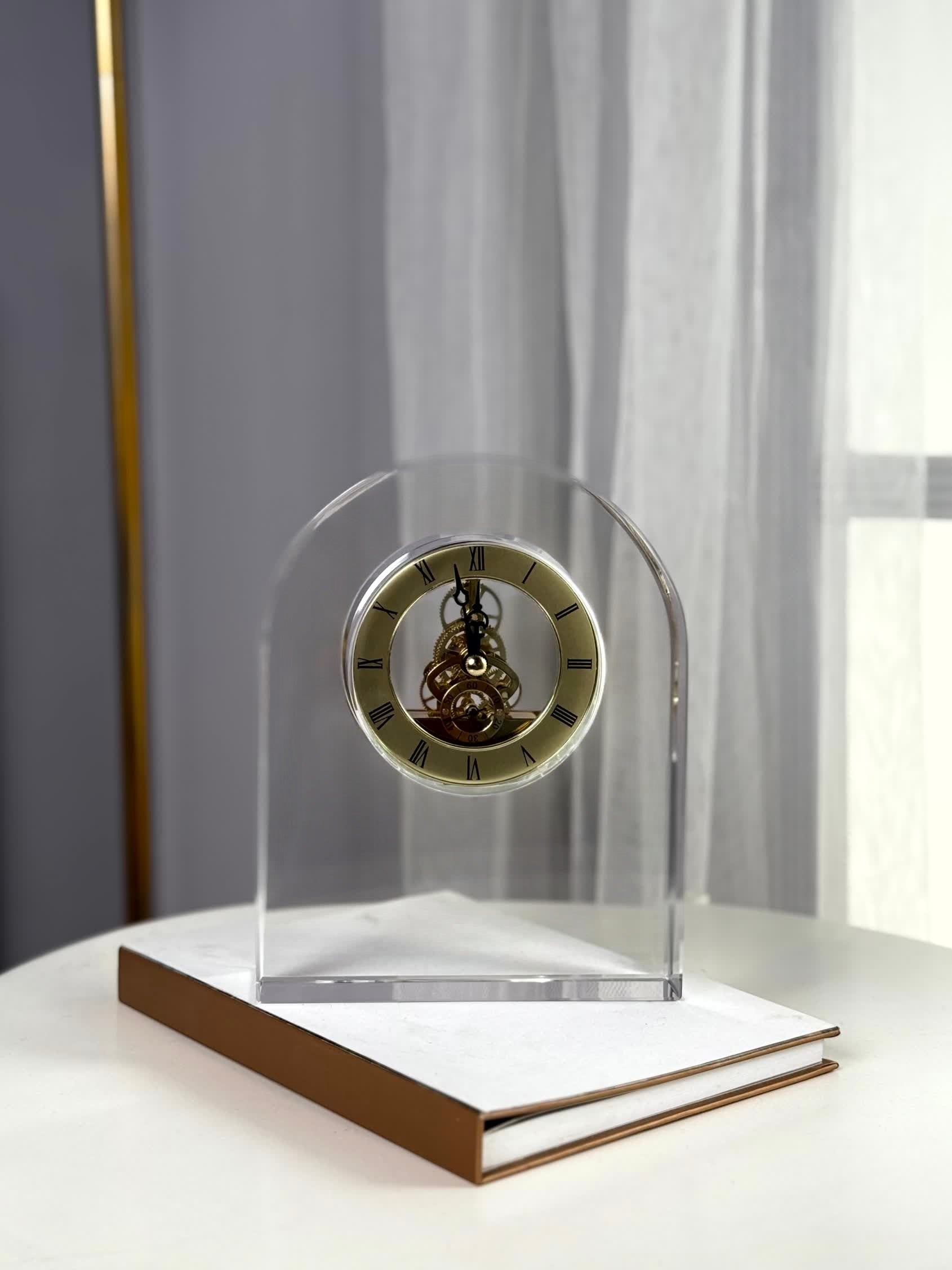 High Objects Regal Crystal Desk Clock with gold-tone detailing and exposed gears. Arched silhouette.