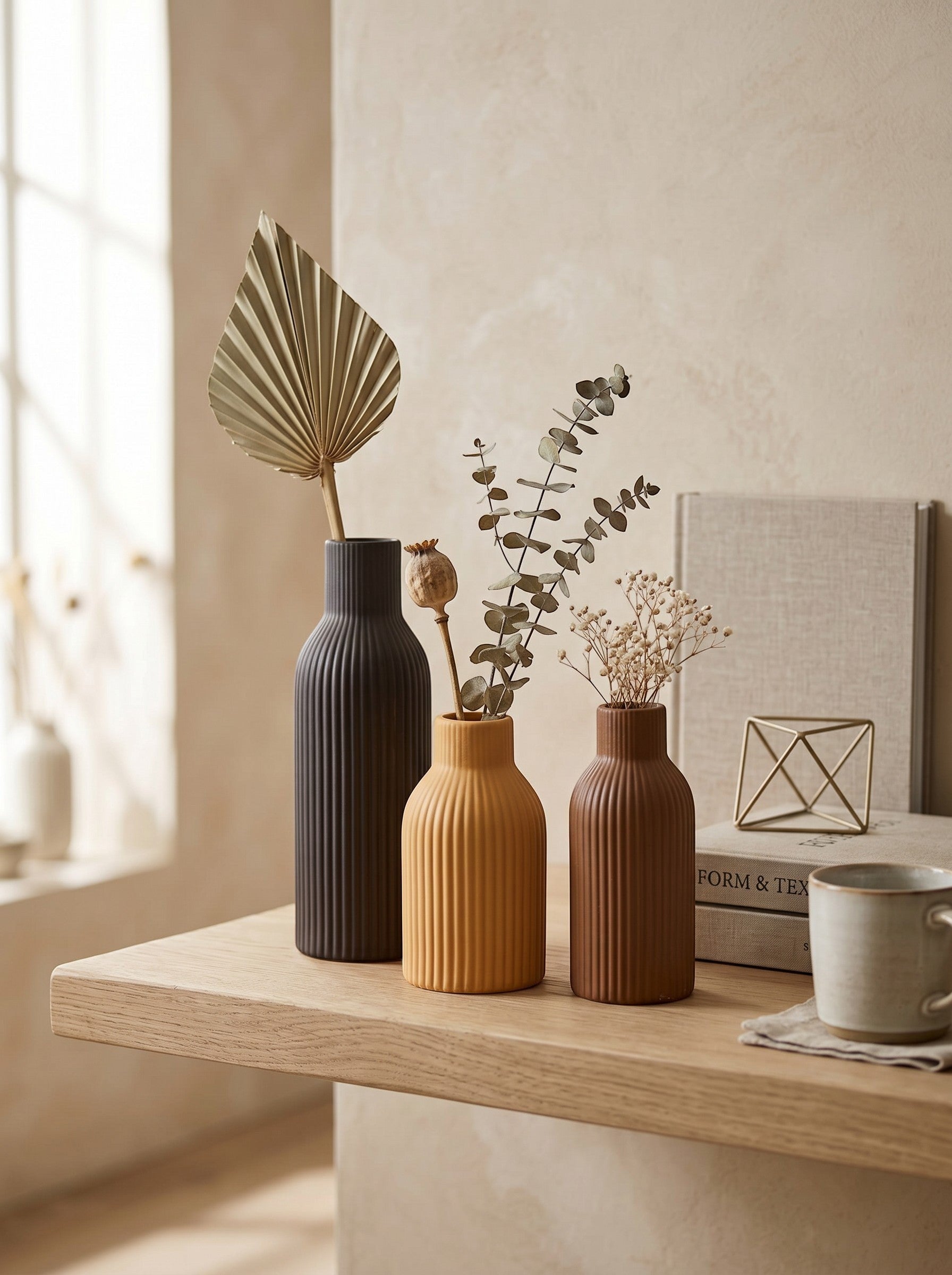 High Objects set of 3 ribbed ceramic vases in black, mustard yellow, and brown