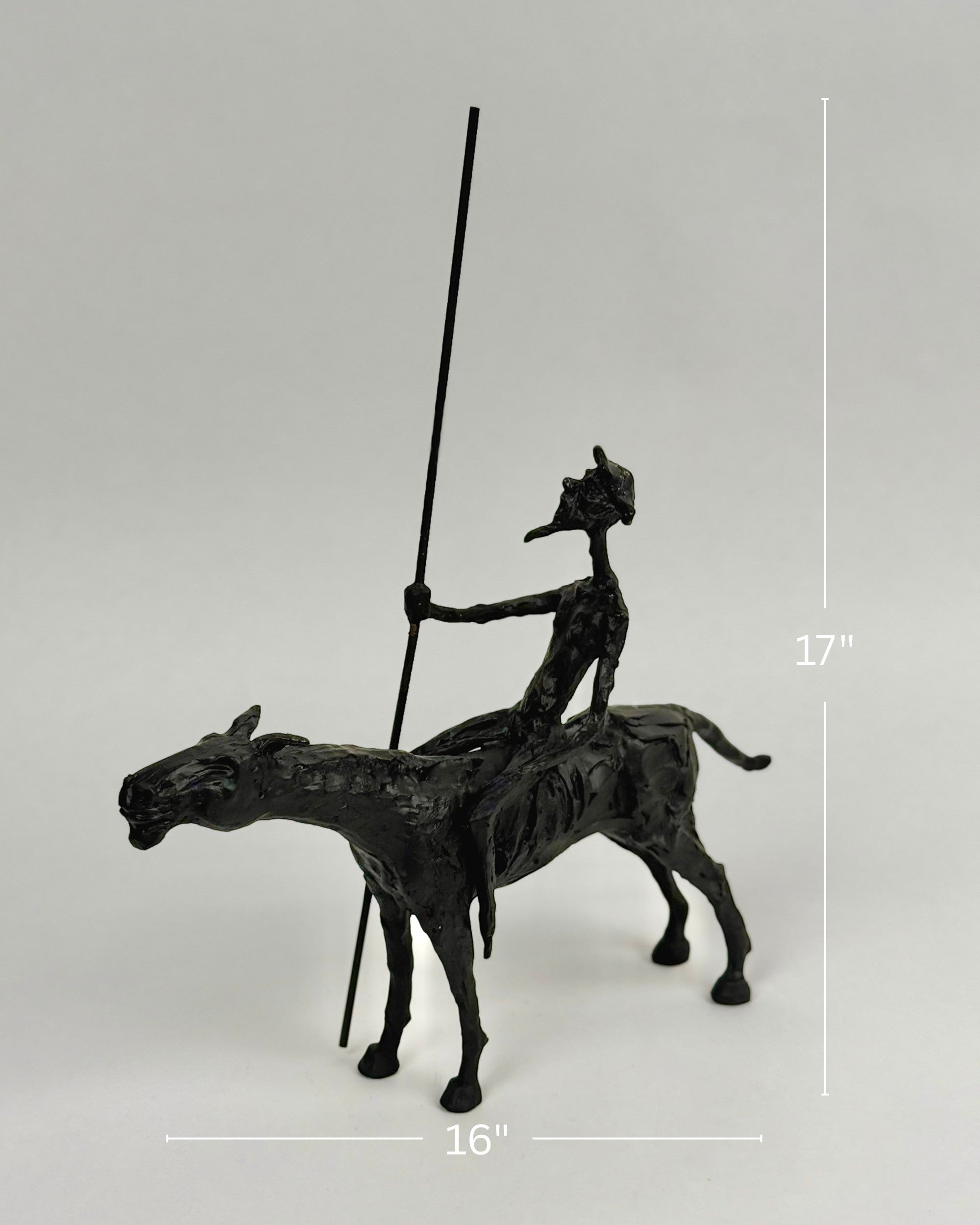 High Objects abstract black-bronze rider sculpture on horse with spear, 17" H x 16" W