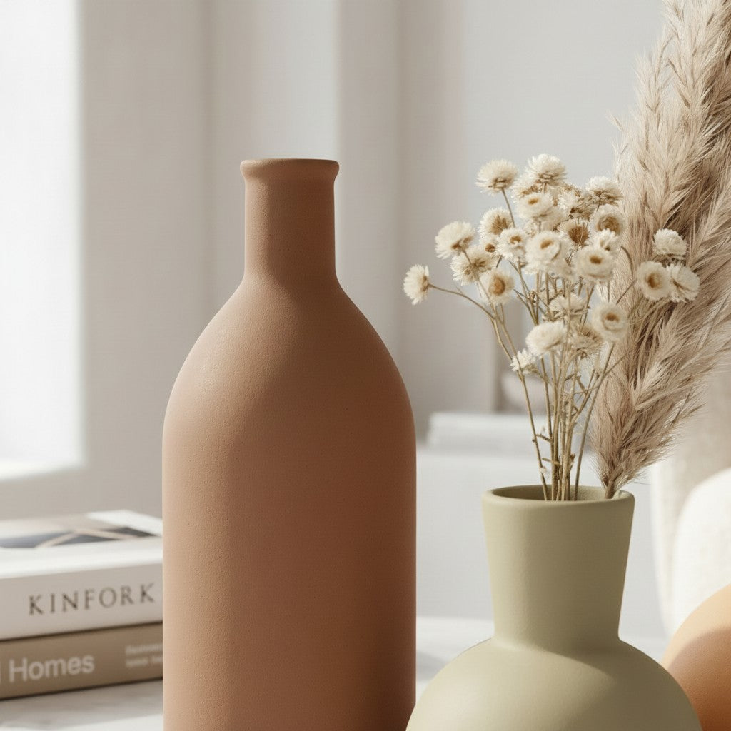 High Objects matte terracotta vase with a leather tag and dried flowers. Minimalist decor.