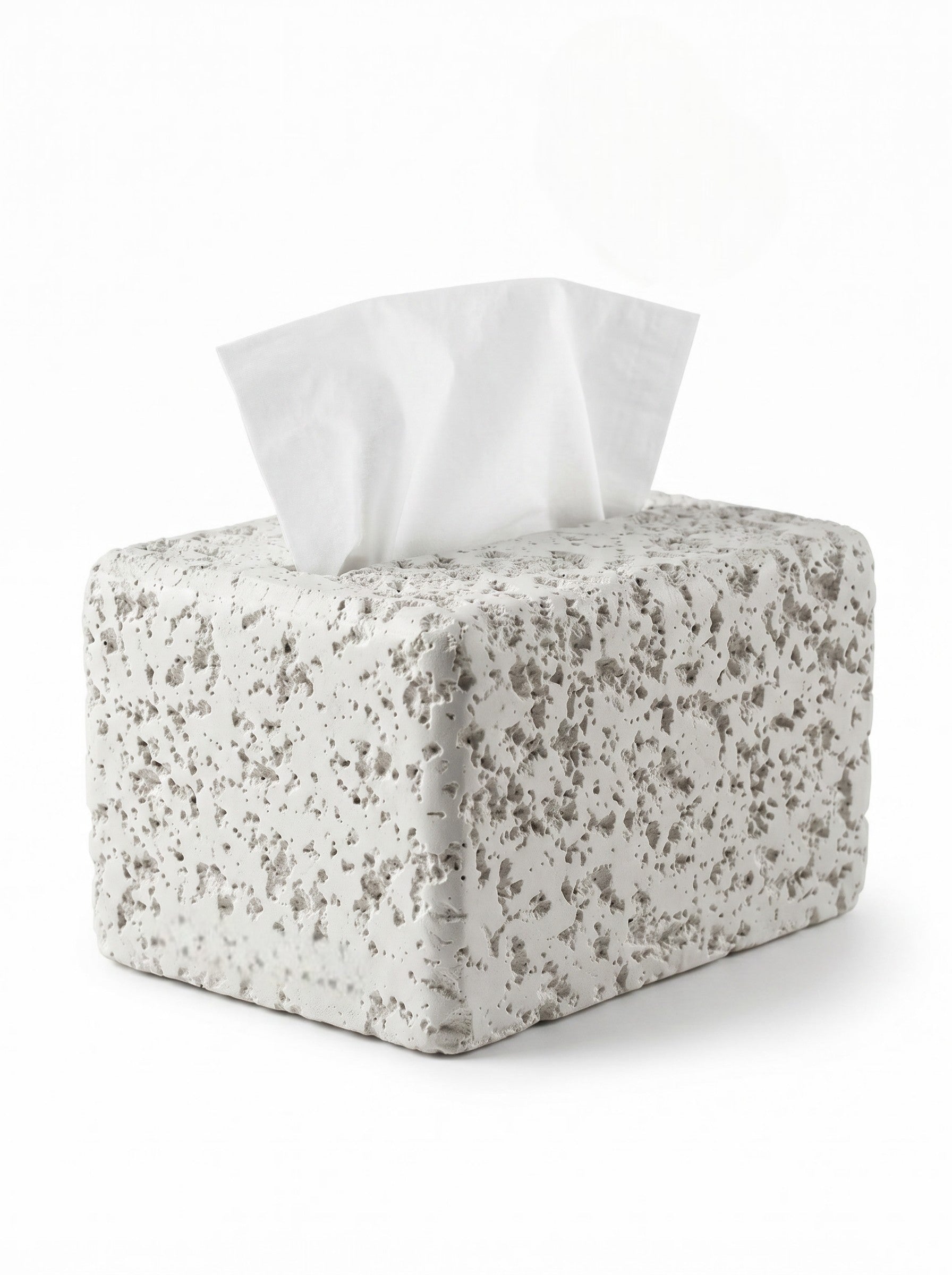 High Objects textured white concrete tissue box with a hand pulling a tissue. Modern decor.