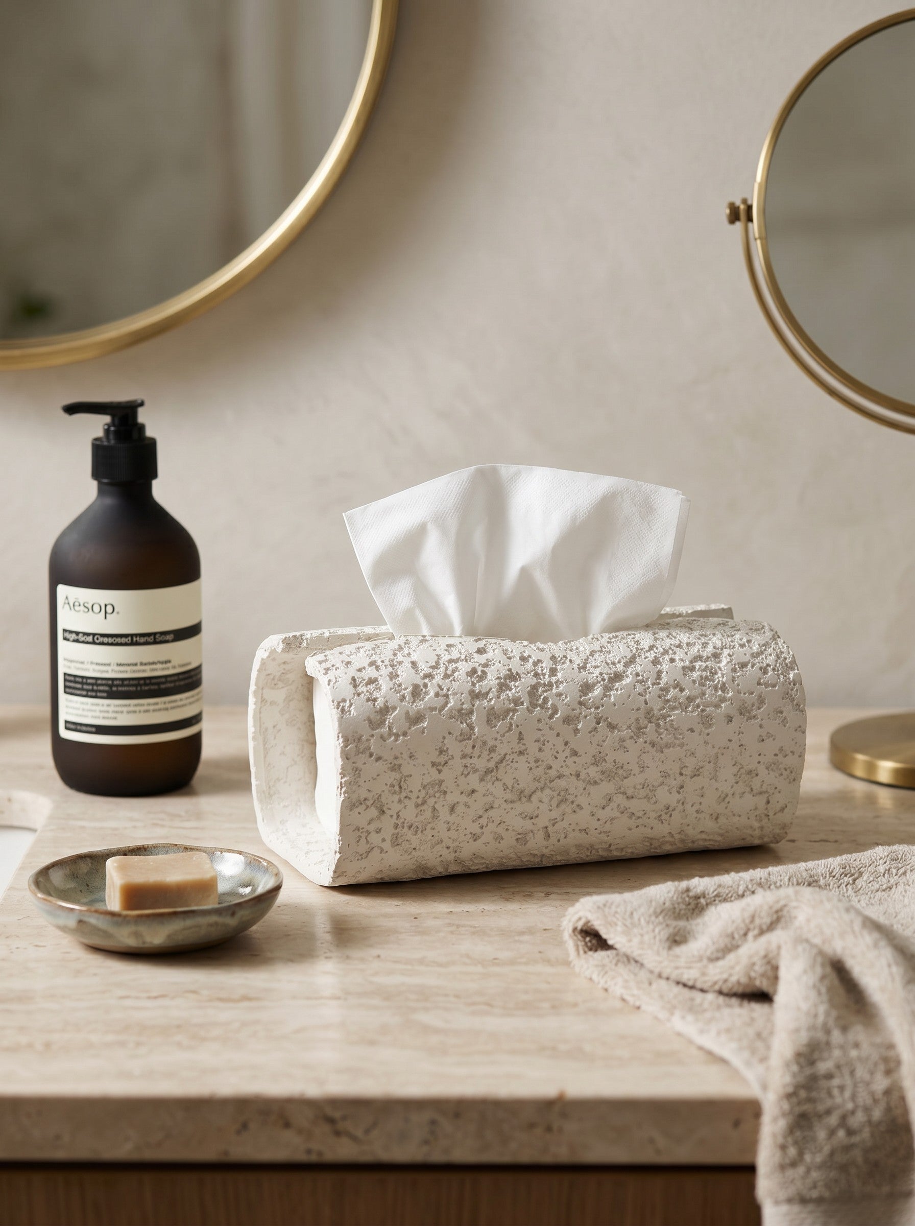 High Objects textured white ceramic tissue box holder with a rough, organic finish.