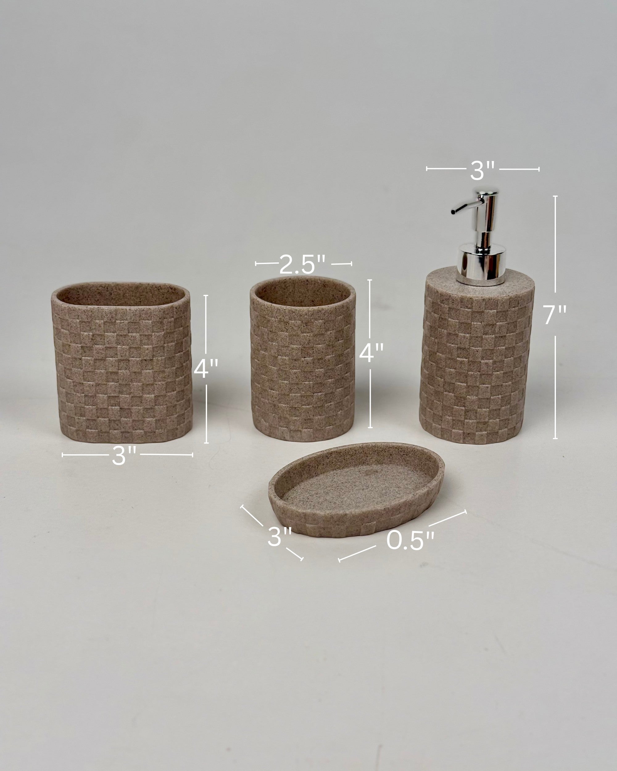 High Objects Weaveform Bathroom Accessory Set in beige with woven texture. Includes soap dispenser, toothbrush holder, and soap dish.