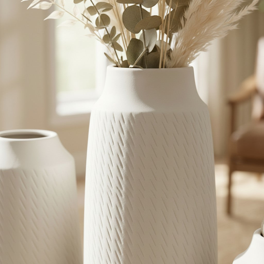Three white ceramic vases with textured patterns, one holding dried eucalyptus and pampas grass. High Objects.