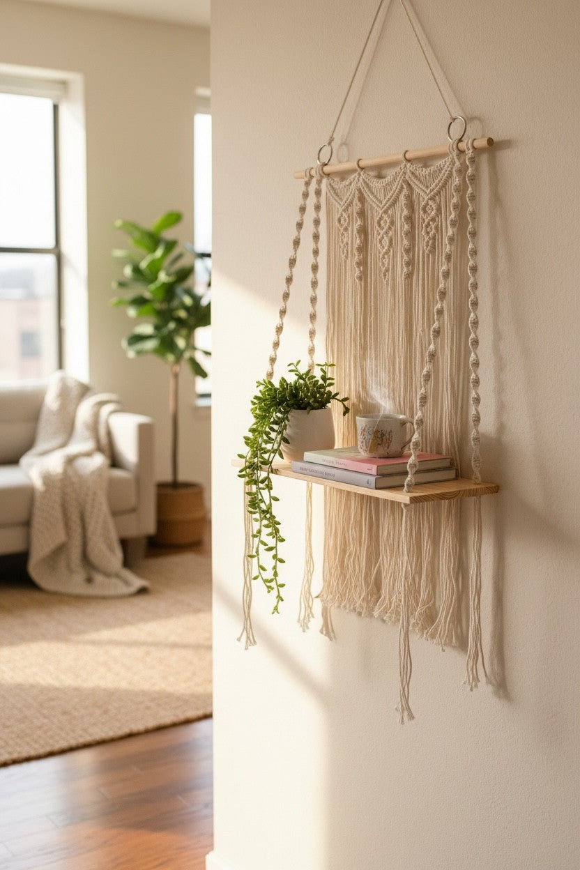 High Objects Willow macramé shelf with waterfall fringe, wood base, and decorative rings. Cream cotton.