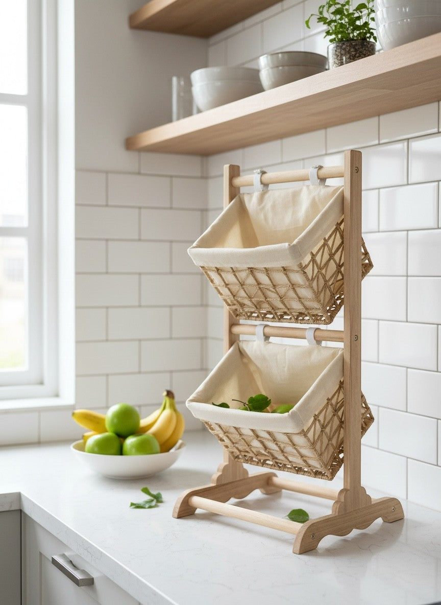 High Objects natural wood 2-tier basket storage organizer with woven baskets and cream lining. Perfect for kitchen or bathroom.