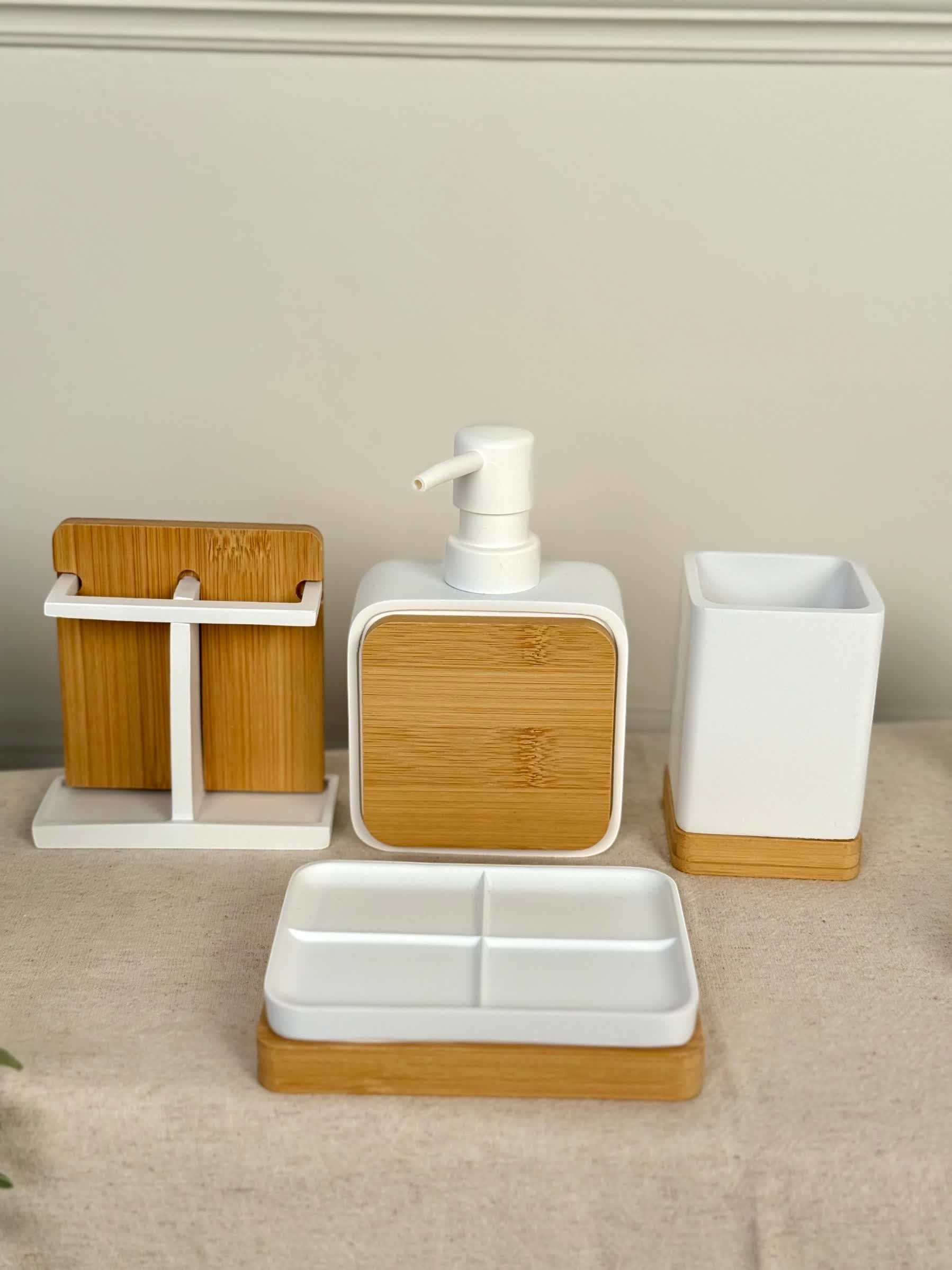 High Objects Zenform Bathroom Essentials Set: white soap dispenser, toothbrush holder, and tray with bamboo accents.