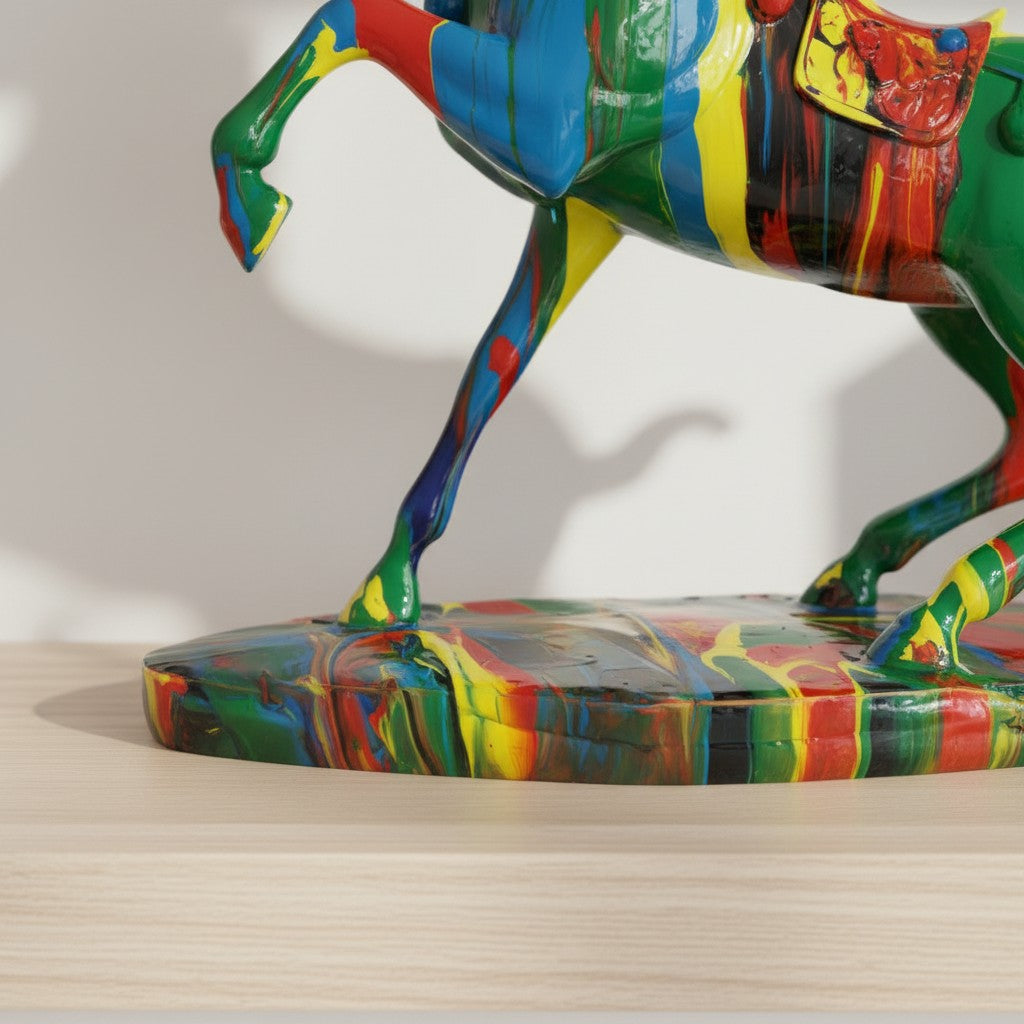 High Objects colourful abstract horse sculpture with vibrant paint strokes on a decorative base.