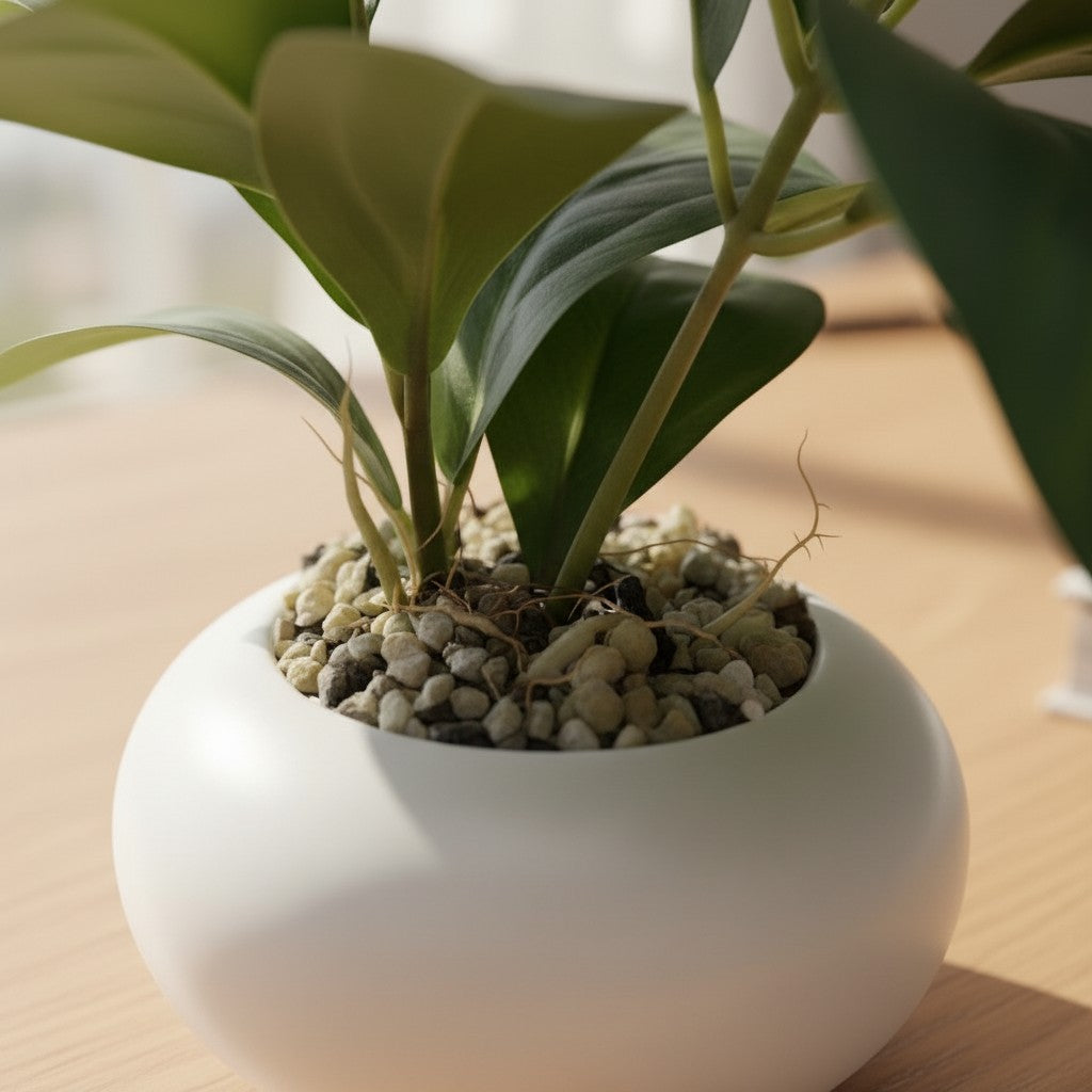 High Objects small green plant in a white round pot on a wooden desk with a book and glasses.
