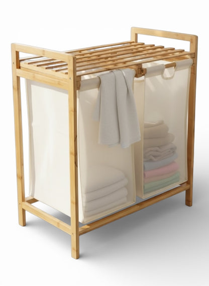 Bamboo Laundry Organizer with Dual Fabric Hampers