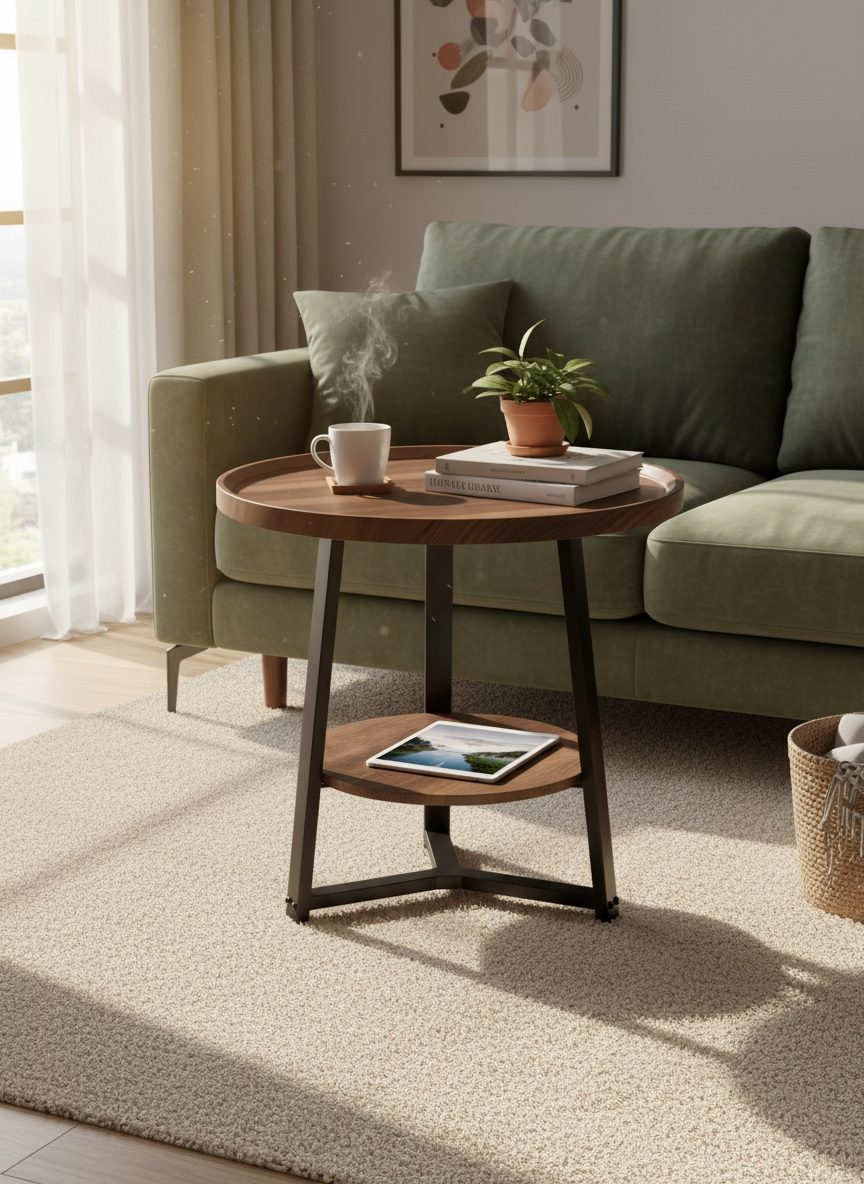 Modern Round Side Table with Storage Shelf
