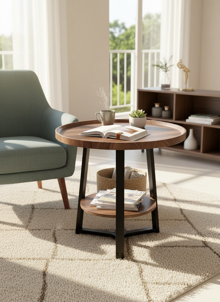 Modern Round Side Table with Storage Shelf
