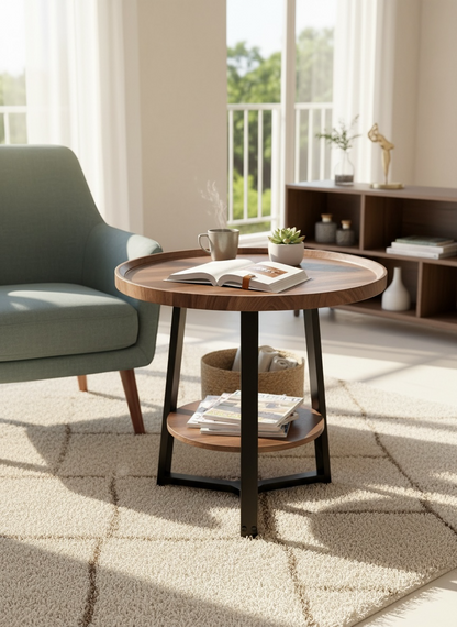 Modern Round Side Table with Storage Shelf