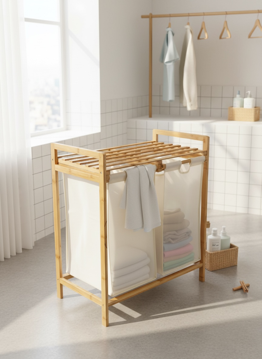 Bamboo Laundry Organizer with Dual Fabric Hampers