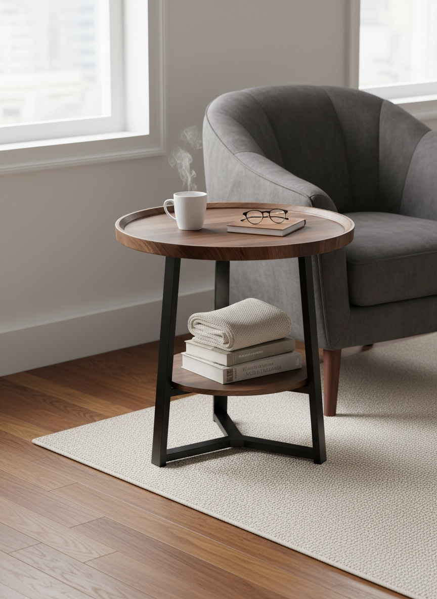 Modern Round Side Table with Storage Shelf