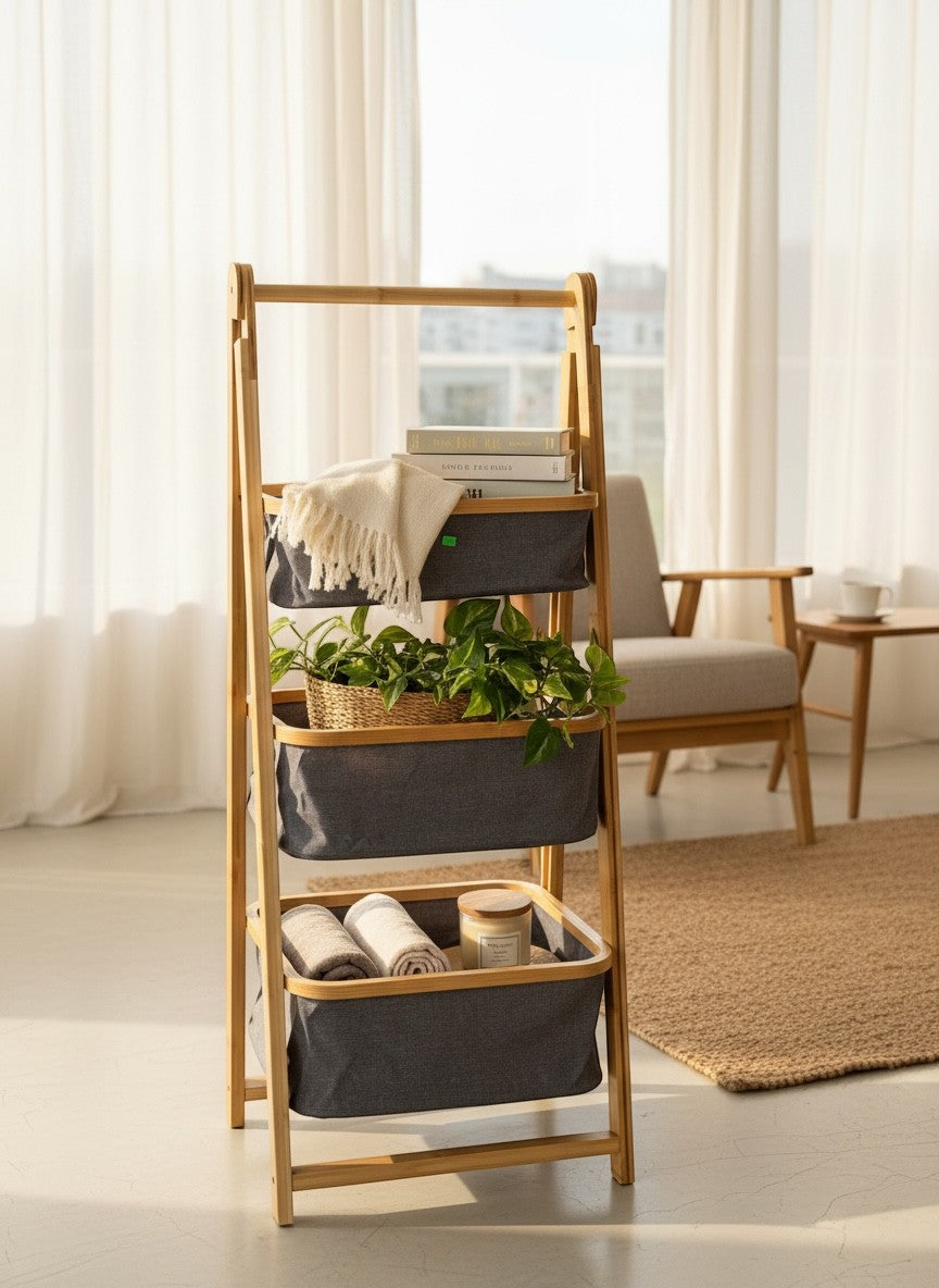 High Objects 3-tier bamboo storage organizer rack with dark grey fabric baskets holding books, plants, and towels.