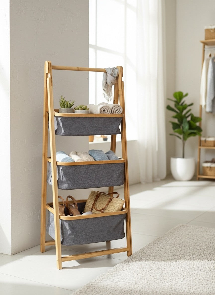 High Objects 3-tier bamboo storage organizer rack with grey fabric baskets holding towels, clothes, shoes, and bags.