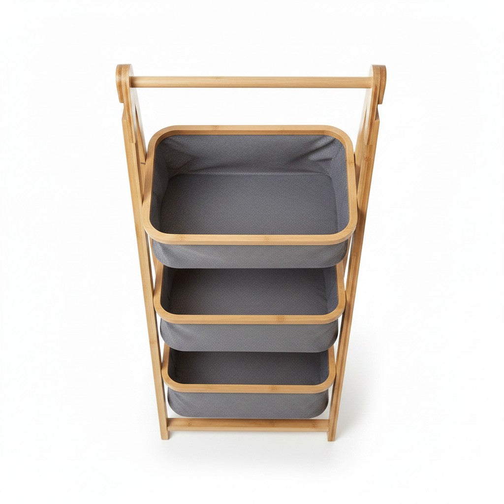 High Objects 3-tier bamboo storage organizer rack with grey fabric baskets. Modern, natural look.