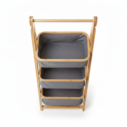 High Objects 3-tier bamboo storage organizer rack with grey fabric baskets. Modern, natural look.